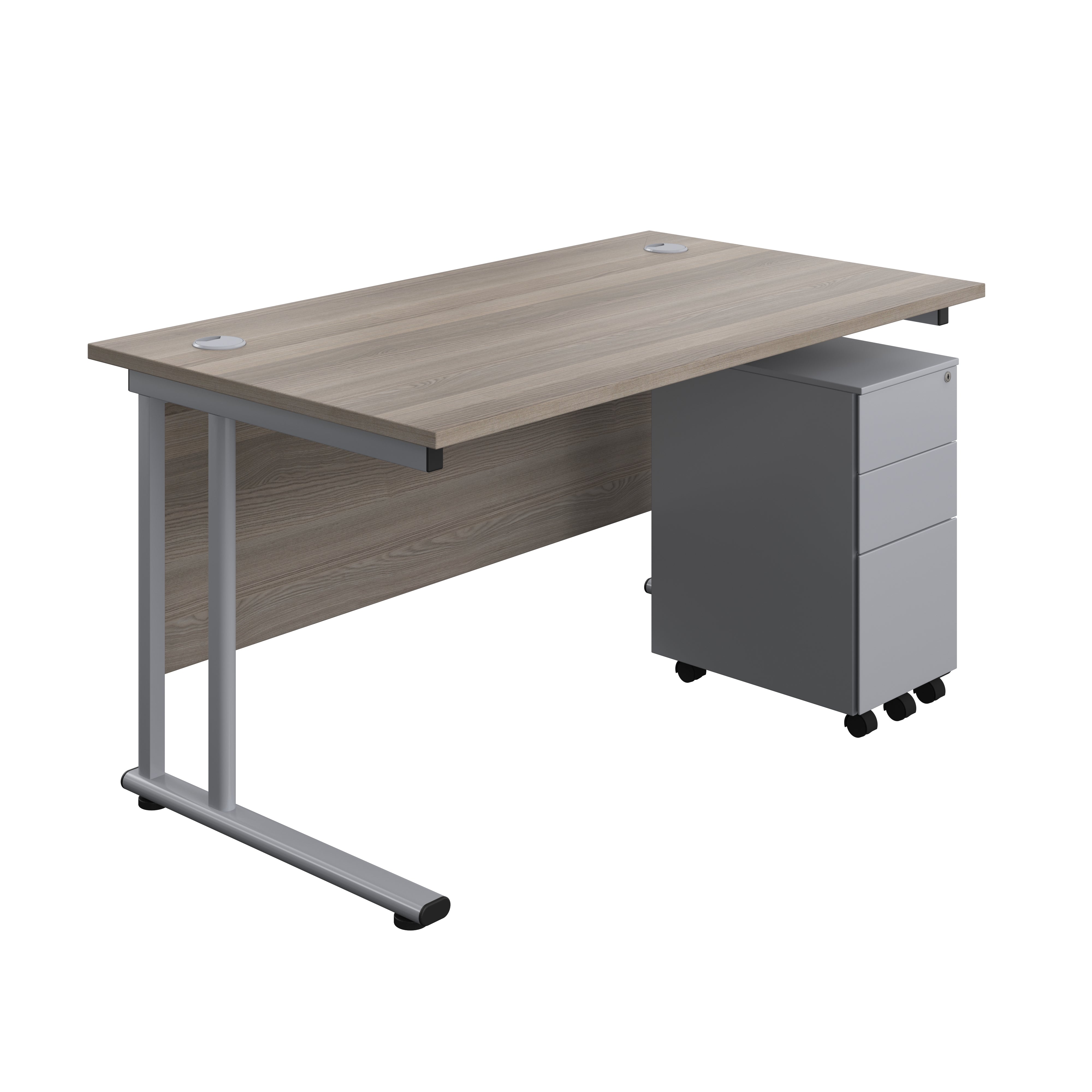 Twin Upright Rectangular Desk + Slimline Steel Pedestal 3 Drawers (FSC) | 1400X800 | Grey Oak/Silver
