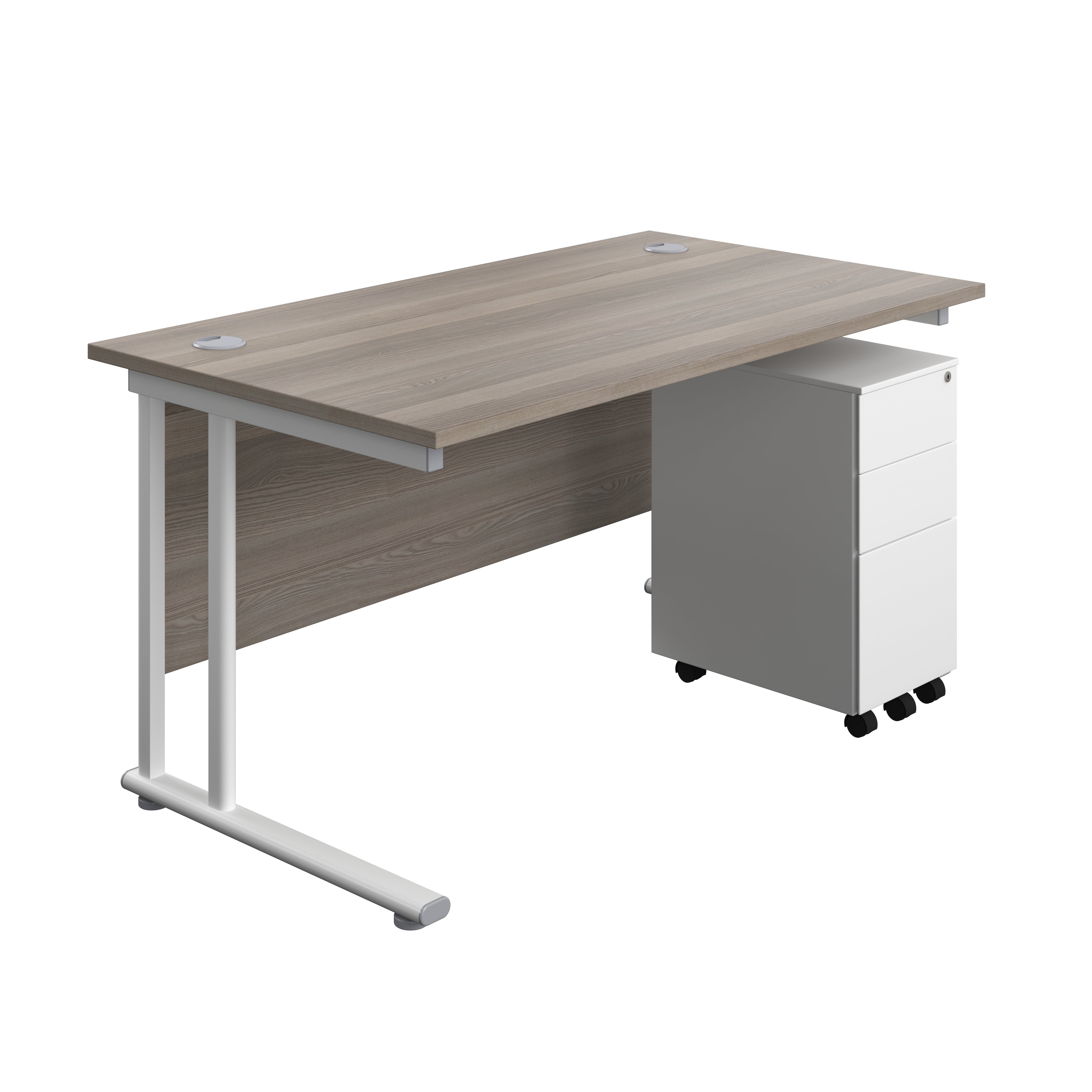 Twin Upright Rectangular Desk + Slimline Steel Pedestal 3 Drawers (FSC) | 1400X800 | Grey Oak/White