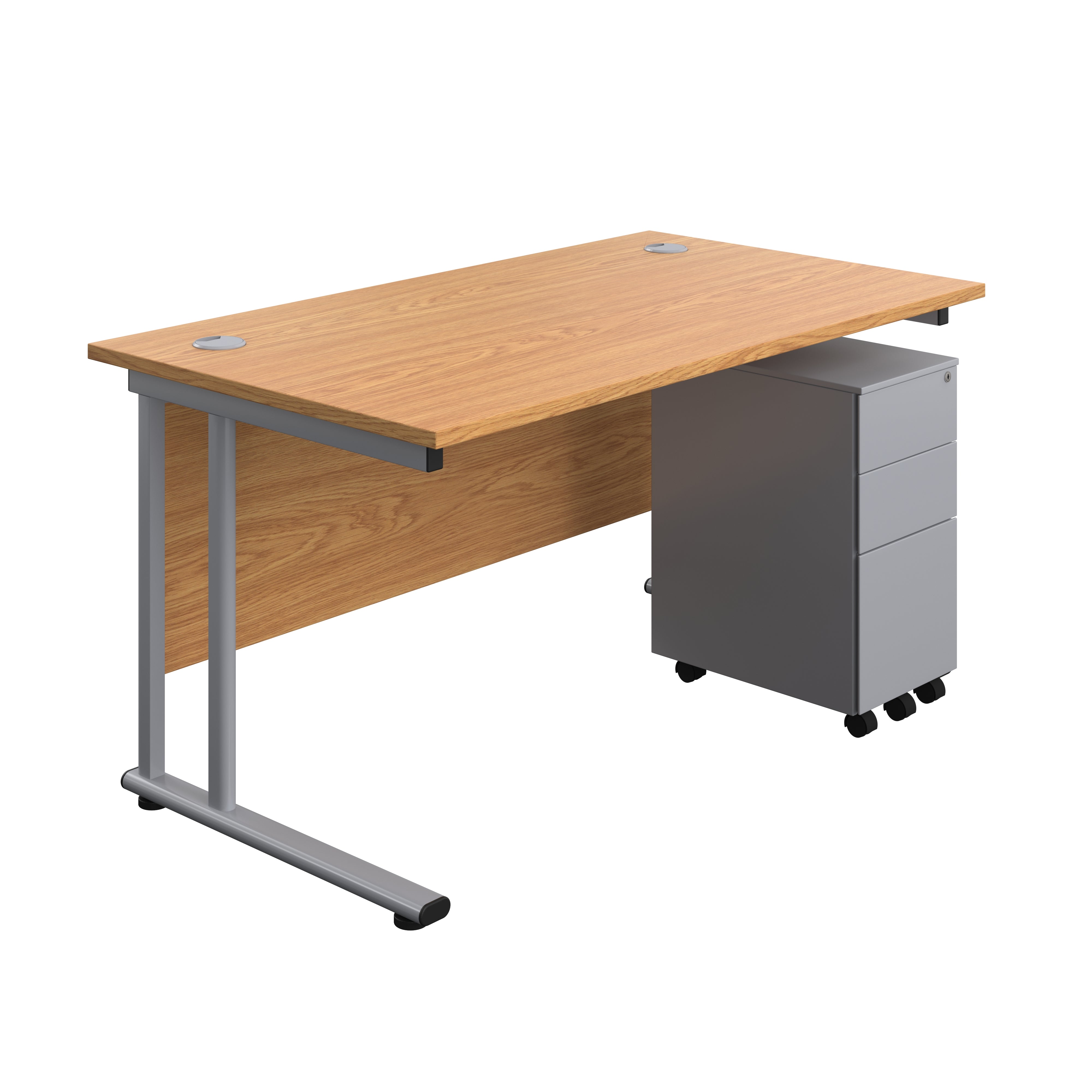 Twin Upright Rectangular Desk + Slimline Steel Pedestal 3 Drawers (FSC) | 1400X800 | Nova Oak/Silver