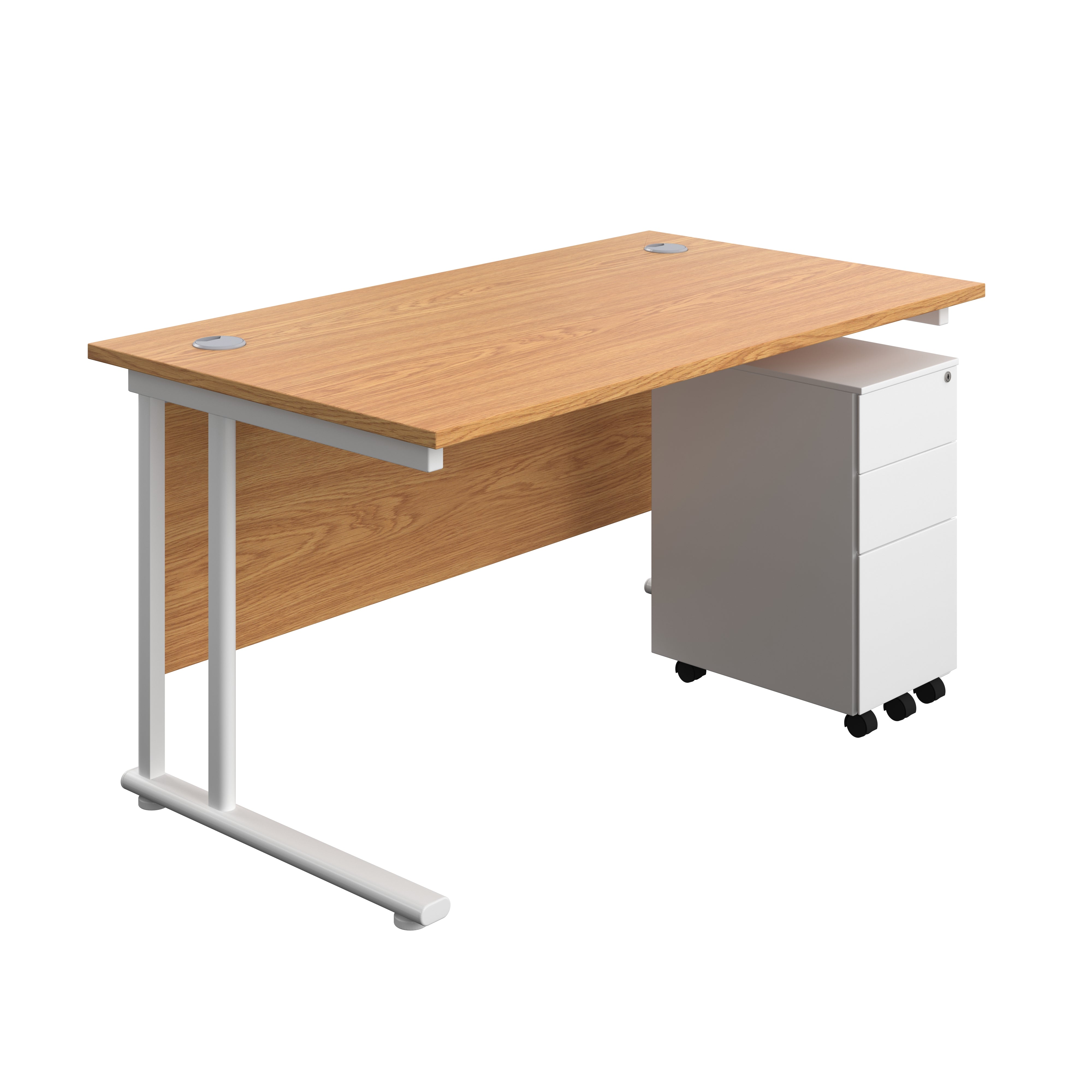 Twin Upright Rectangular Desk + Slimline Steel Pedestal 3 Drawers (FSC) | 1400X800 | Nova Oak/White
