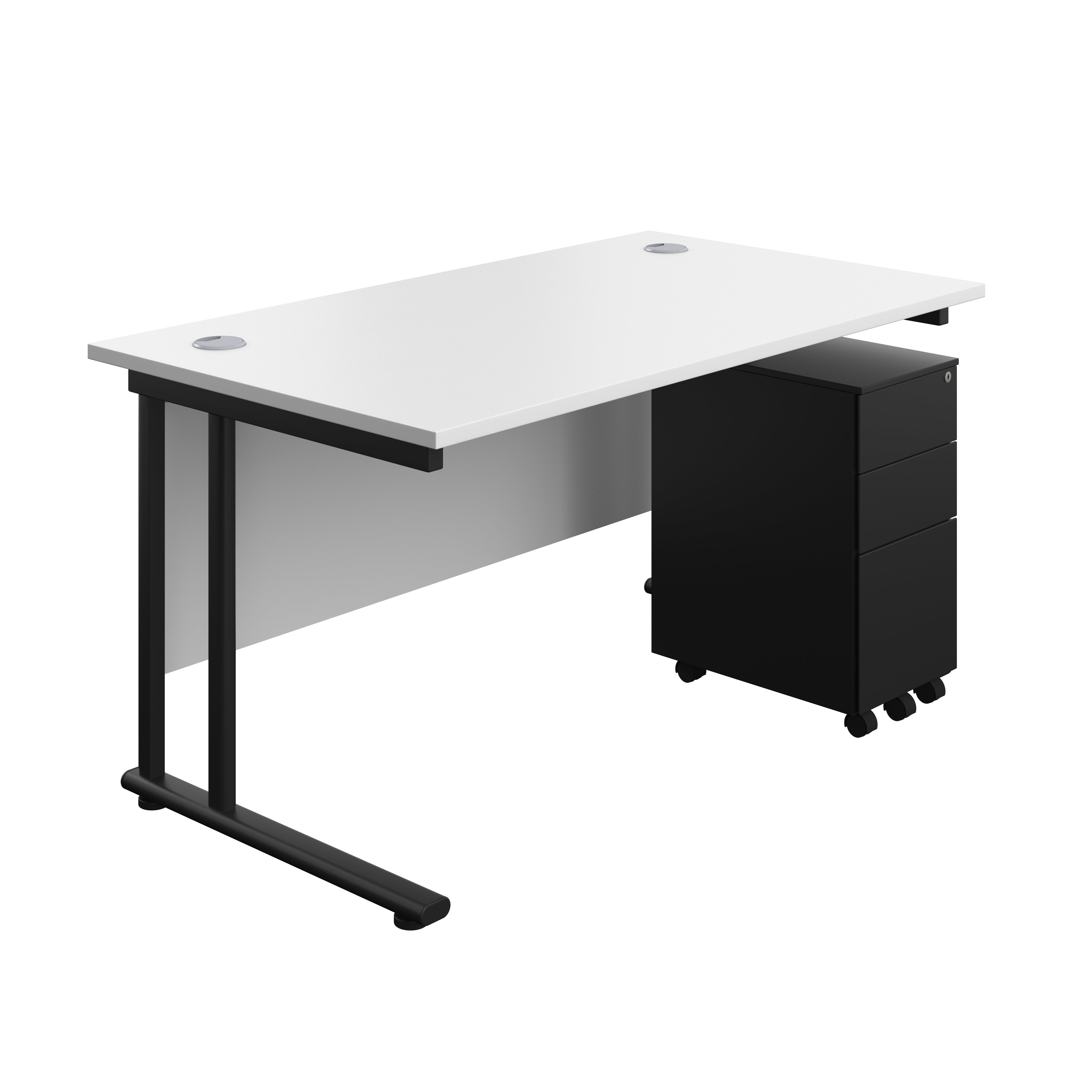 Twin Upright Rectangular Desk + Slimline Steel Pedestal 3 Drawers (FSC) | 1400X800 | White/Black