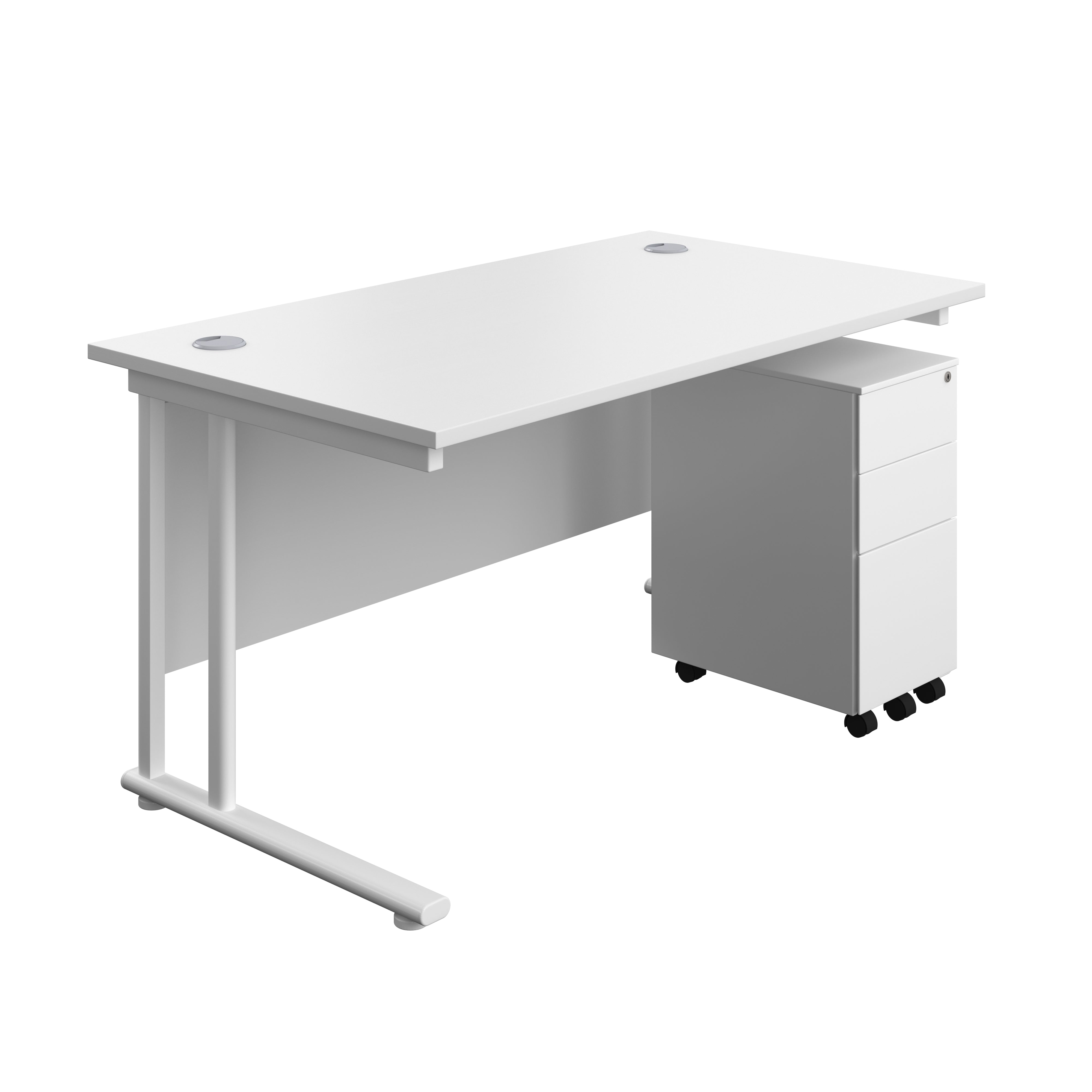 Twin Upright Rectangular Desk + Slimline Steel Pedestal 3 Drawers (FSC) | 1400X800 | White/White