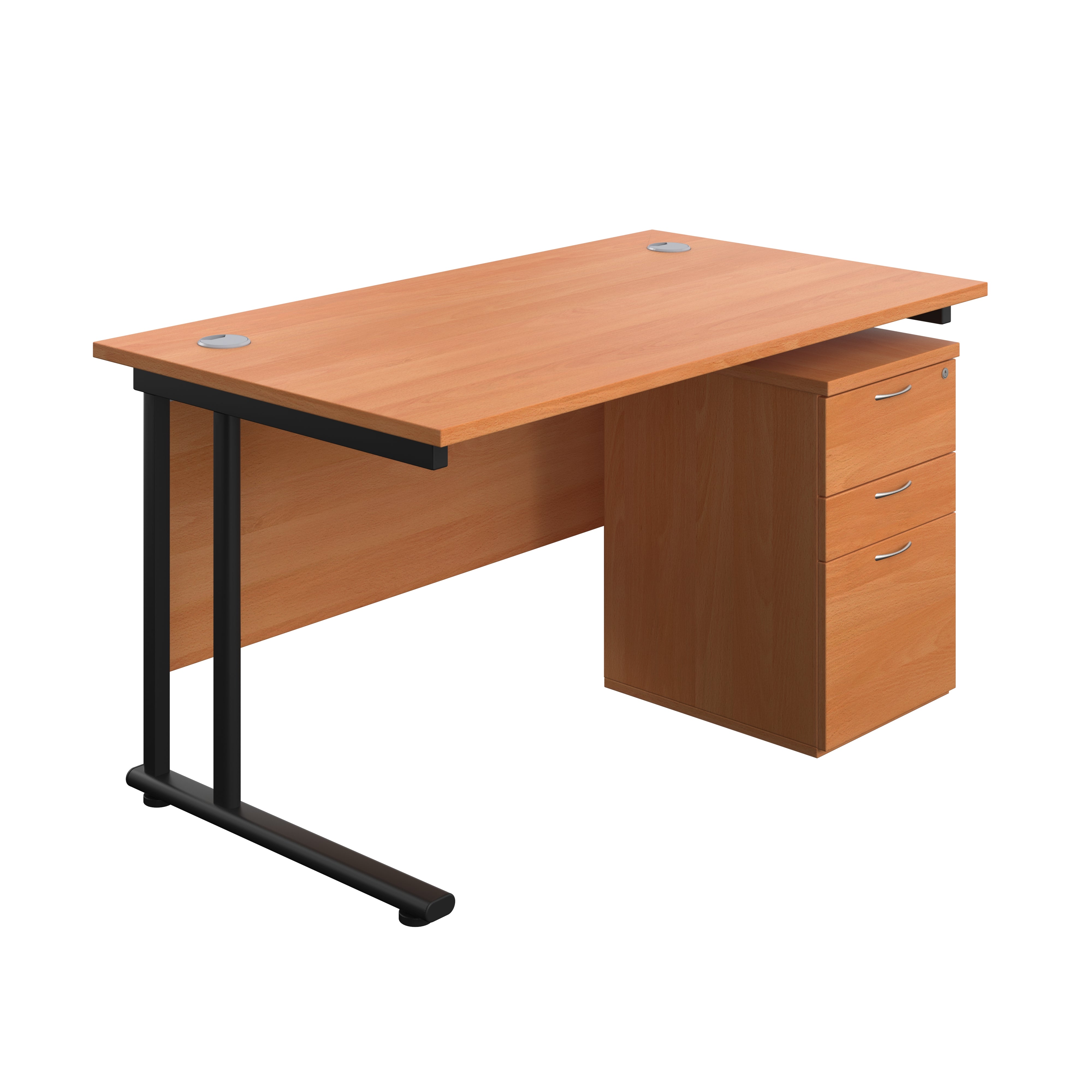 Twin Upright Rectangular Desk + High Mobile Pedestal 3 Drawer (FSC) | 1400X800 | Beech/Black