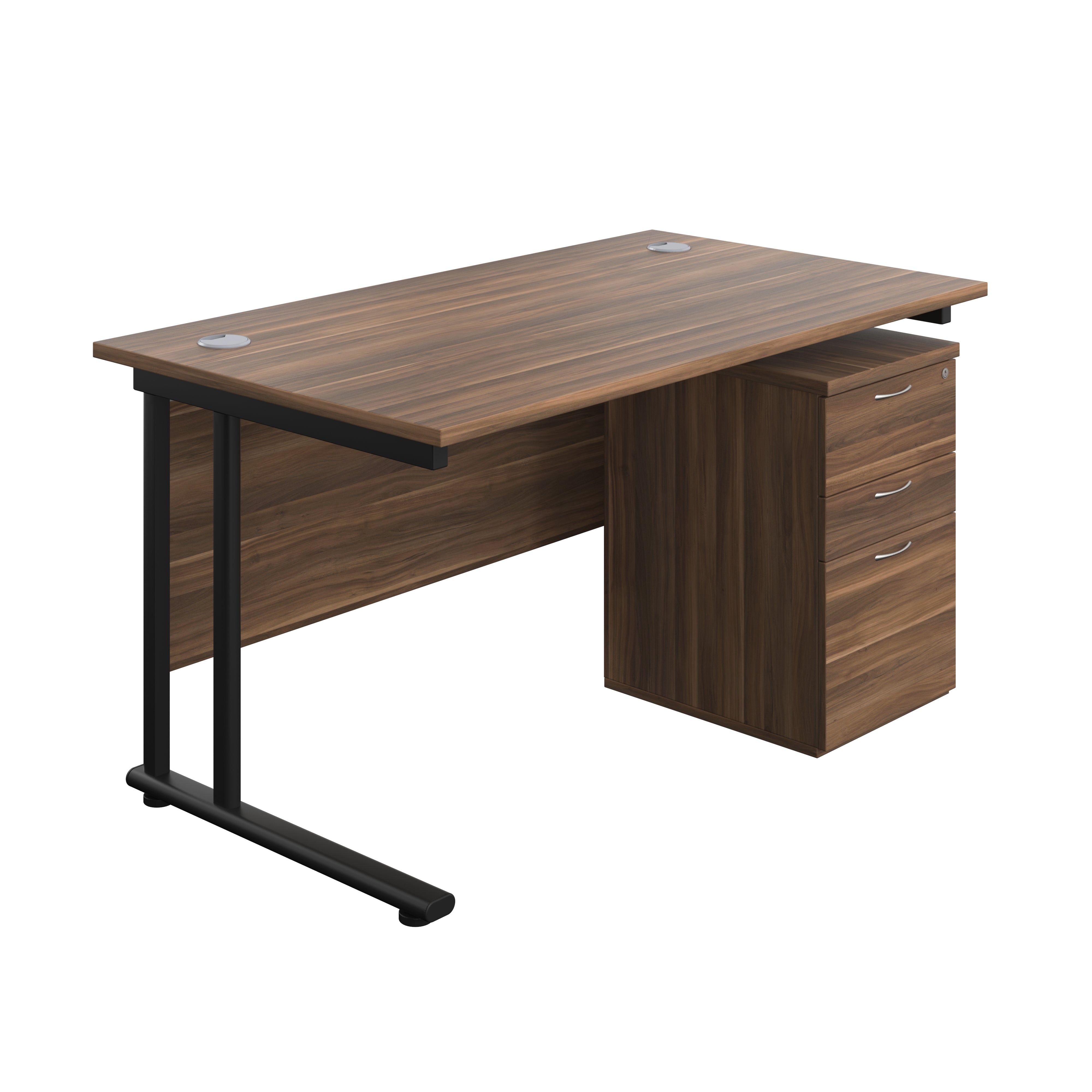 Twin Upright Rectangular Desk + High Mobile Pedestal 3 Drawer (FSC) | 1400X800 | Dark Walnut/Black