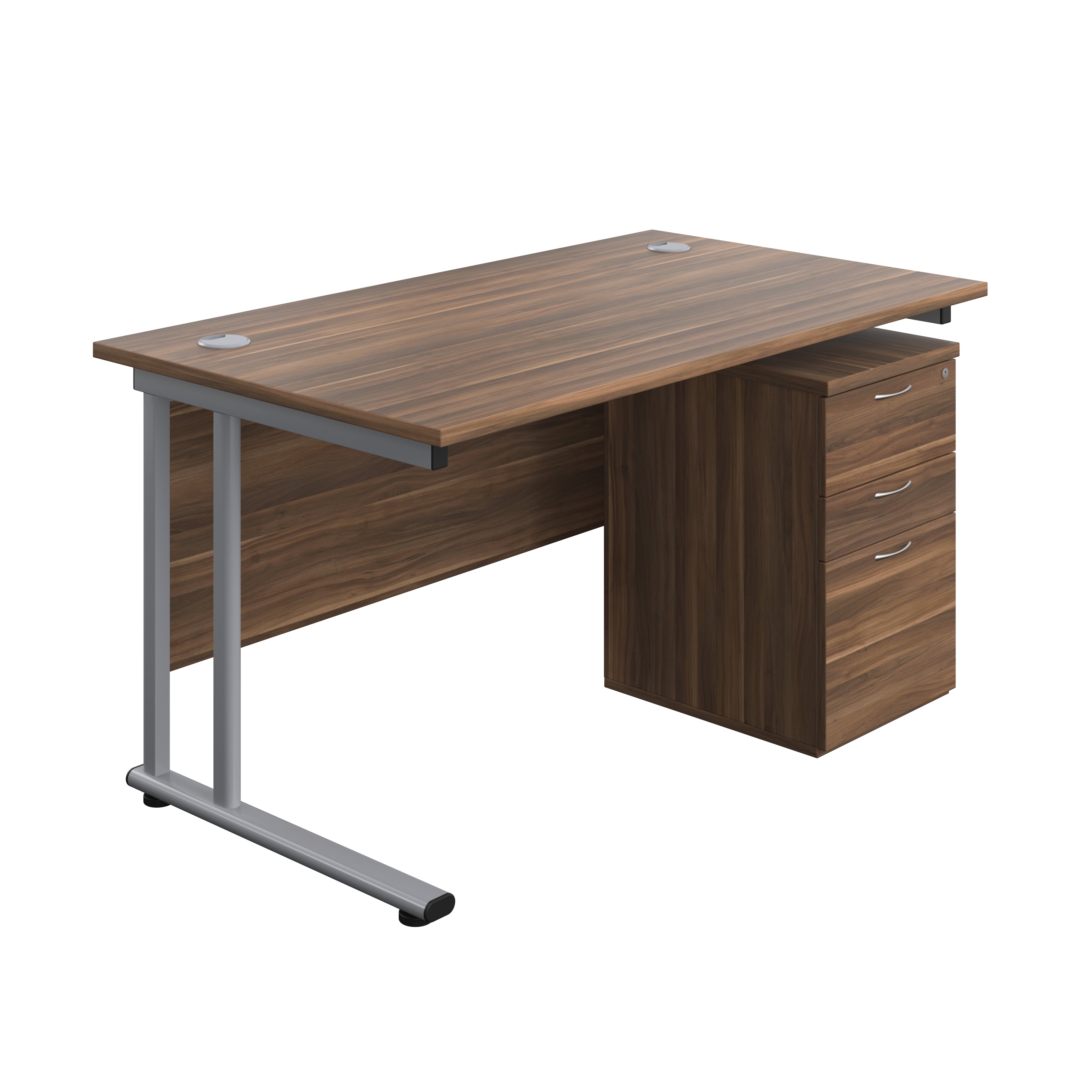 Twin Upright Rectangular Desk + High Mobile Pedestal 3 Drawer (FSC) | 1400X800 | Dark Walnut/Silver