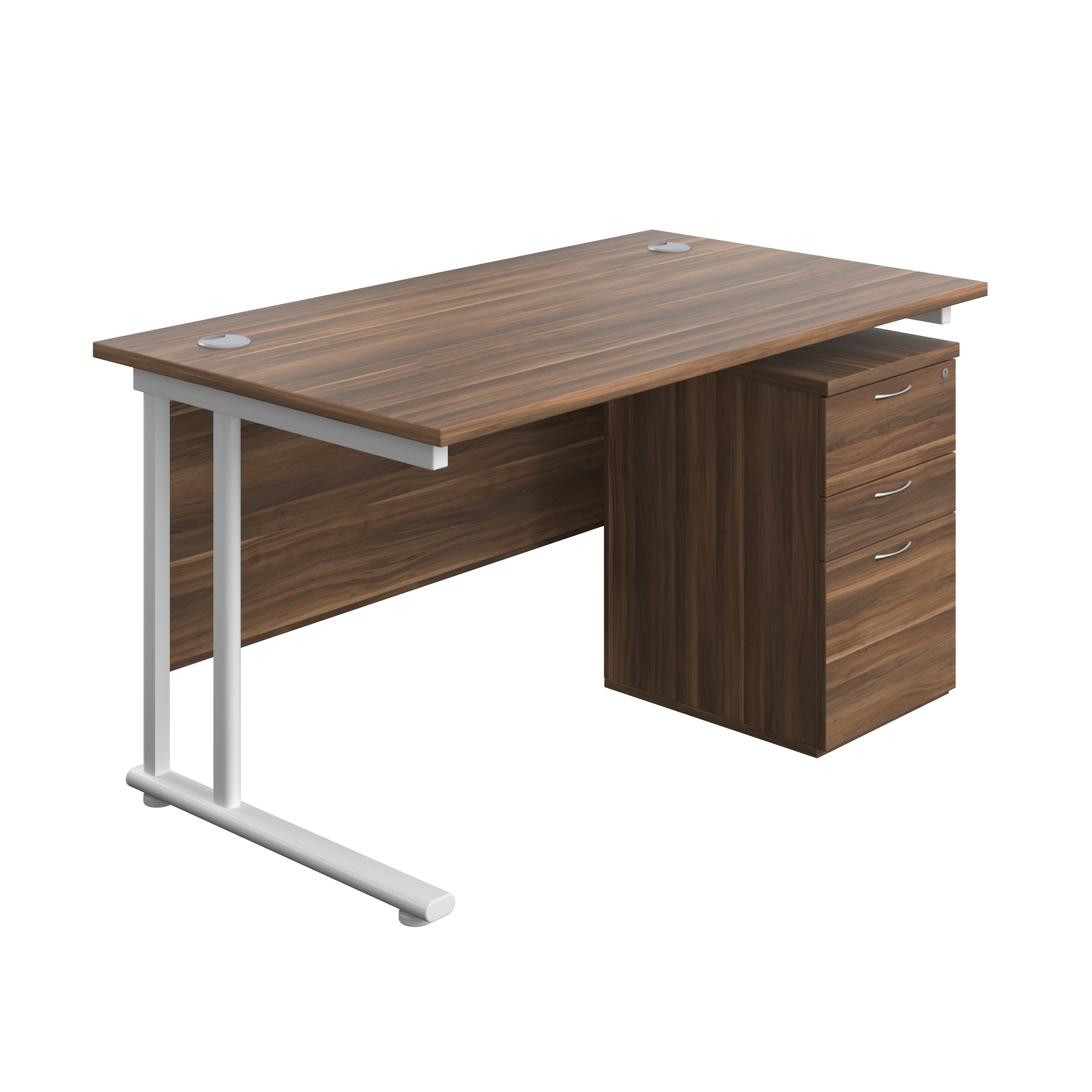 Twin Upright Rectangular Desk + High Mobile Pedestal 3 Drawer (FSC) | 1400X800 | Dark Walnut/White