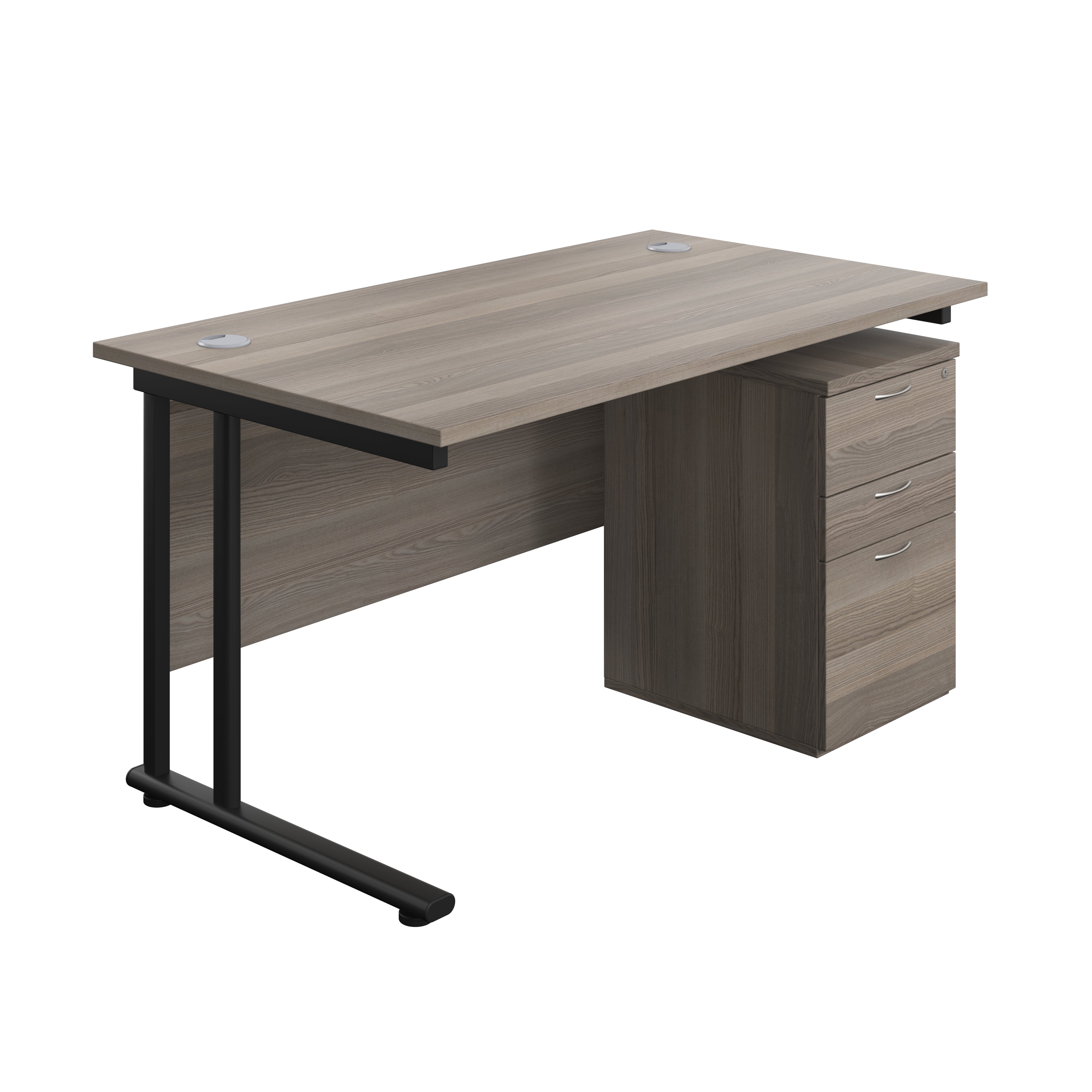 Twin Upright Rectangular Desk + High Mobile Pedestal 3 Drawer (FSC) | 1400X800 | Grey Oak/Black
