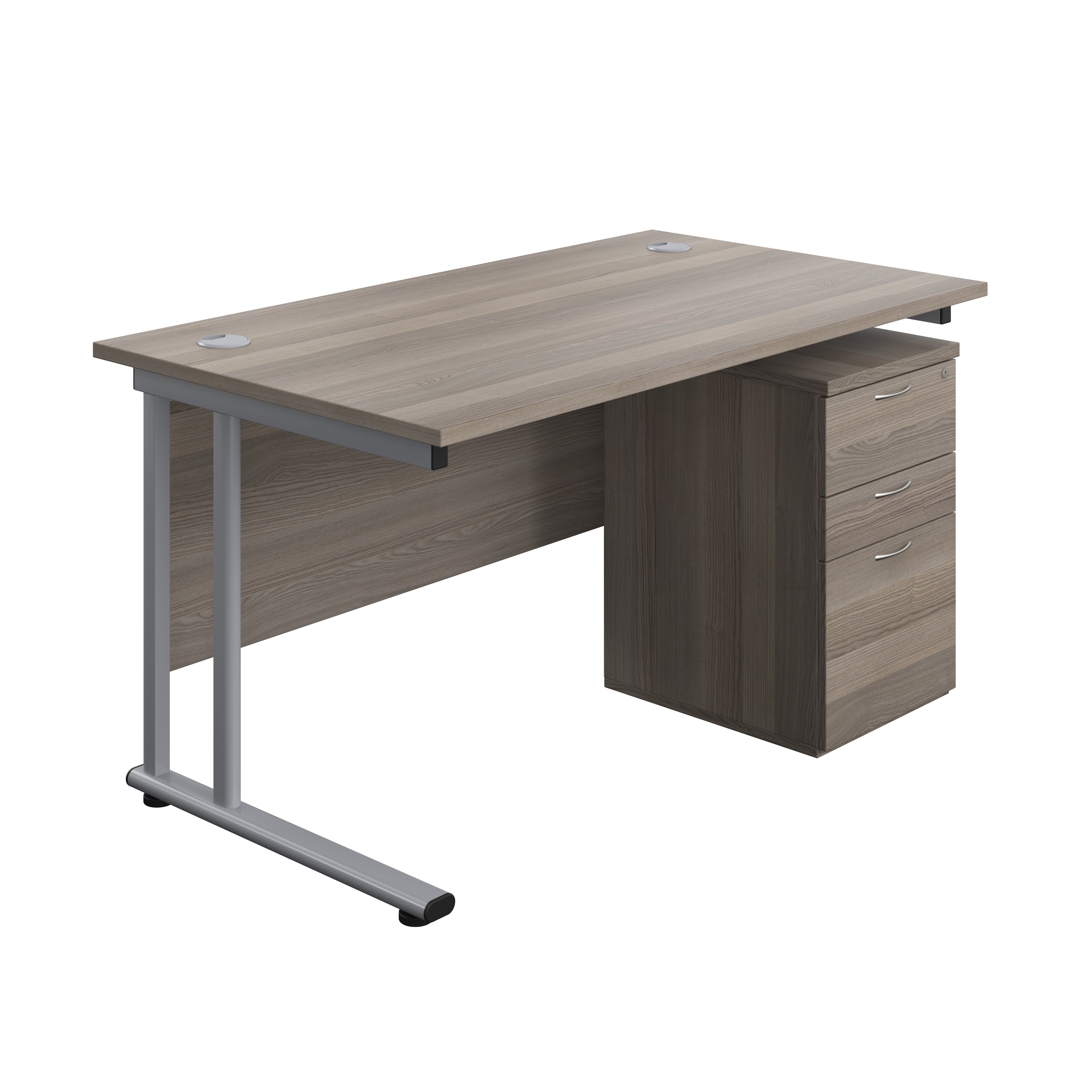 Twin Upright Rectangular Desk + High Mobile Pedestal 3 Drawer (FSC) | 1400X800 | Grey Oak/Silver