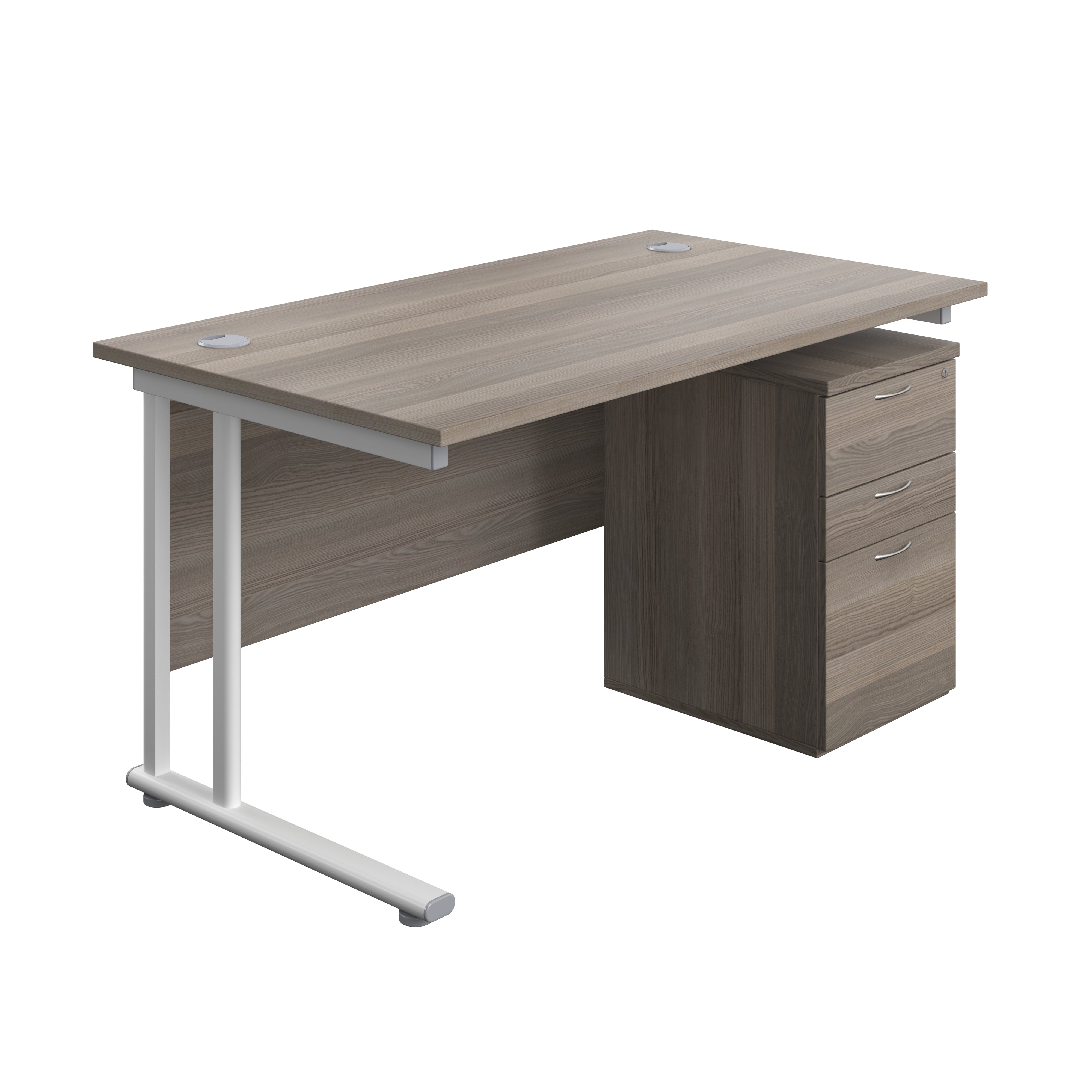 Twin Upright Rectangular Desk + High Mobile Pedestal 3 Drawer (FSC) | 1400X800 | Grey Oak/White