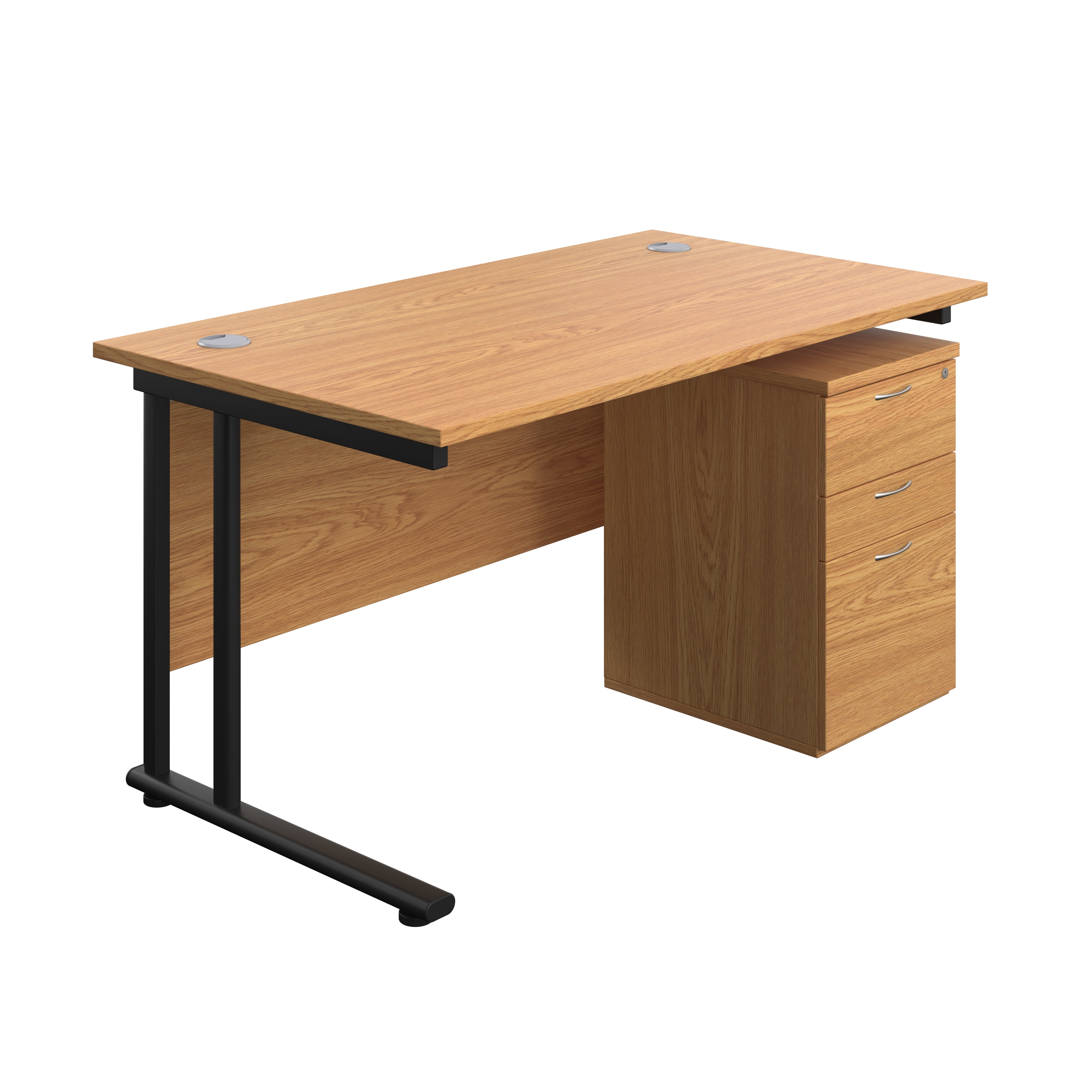 Twin Upright Rectangular Desk + High Mobile Pedestal 3 Drawer (FSC) | 1400X800 | Nova Oak/Black