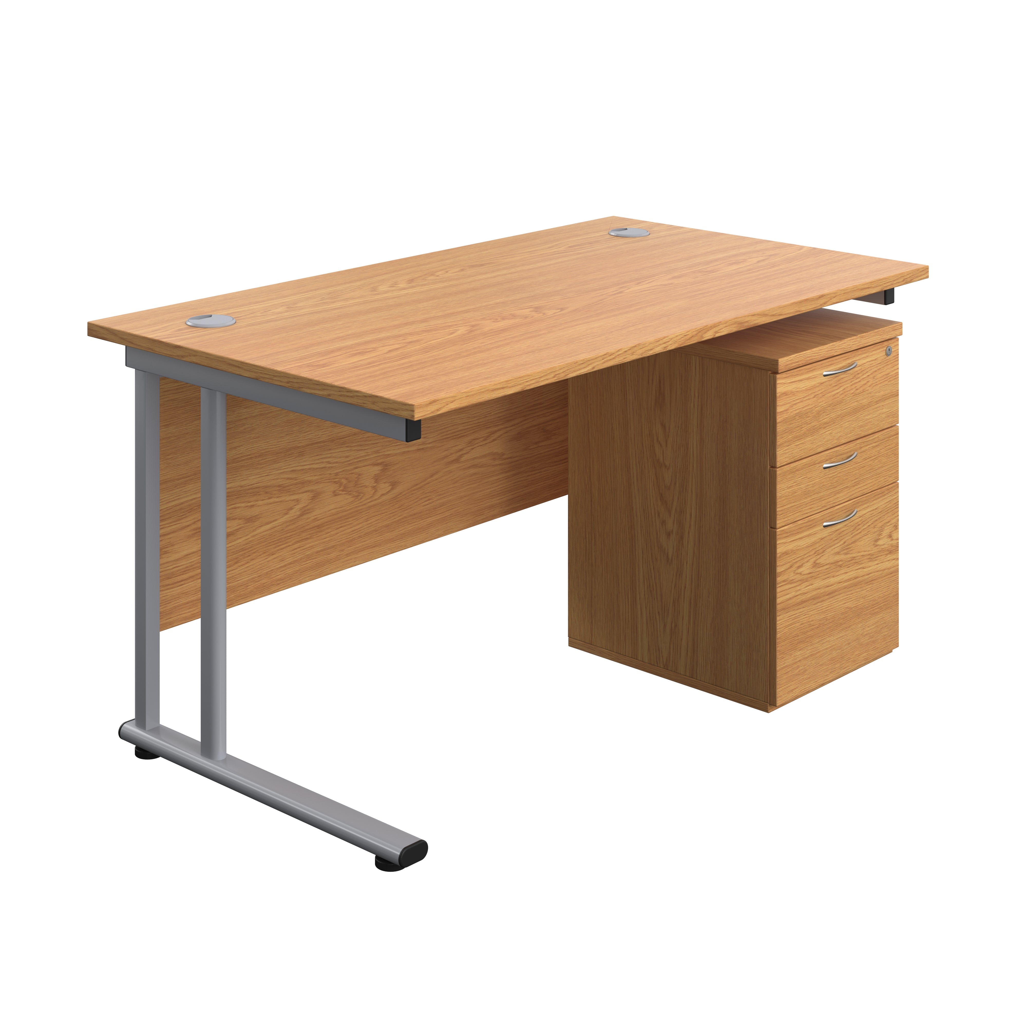 Twin Upright Rectangular Desk + High Mobile Pedestal 3 Drawer (FSC) | 1400X800 | Nova Oak/Silver