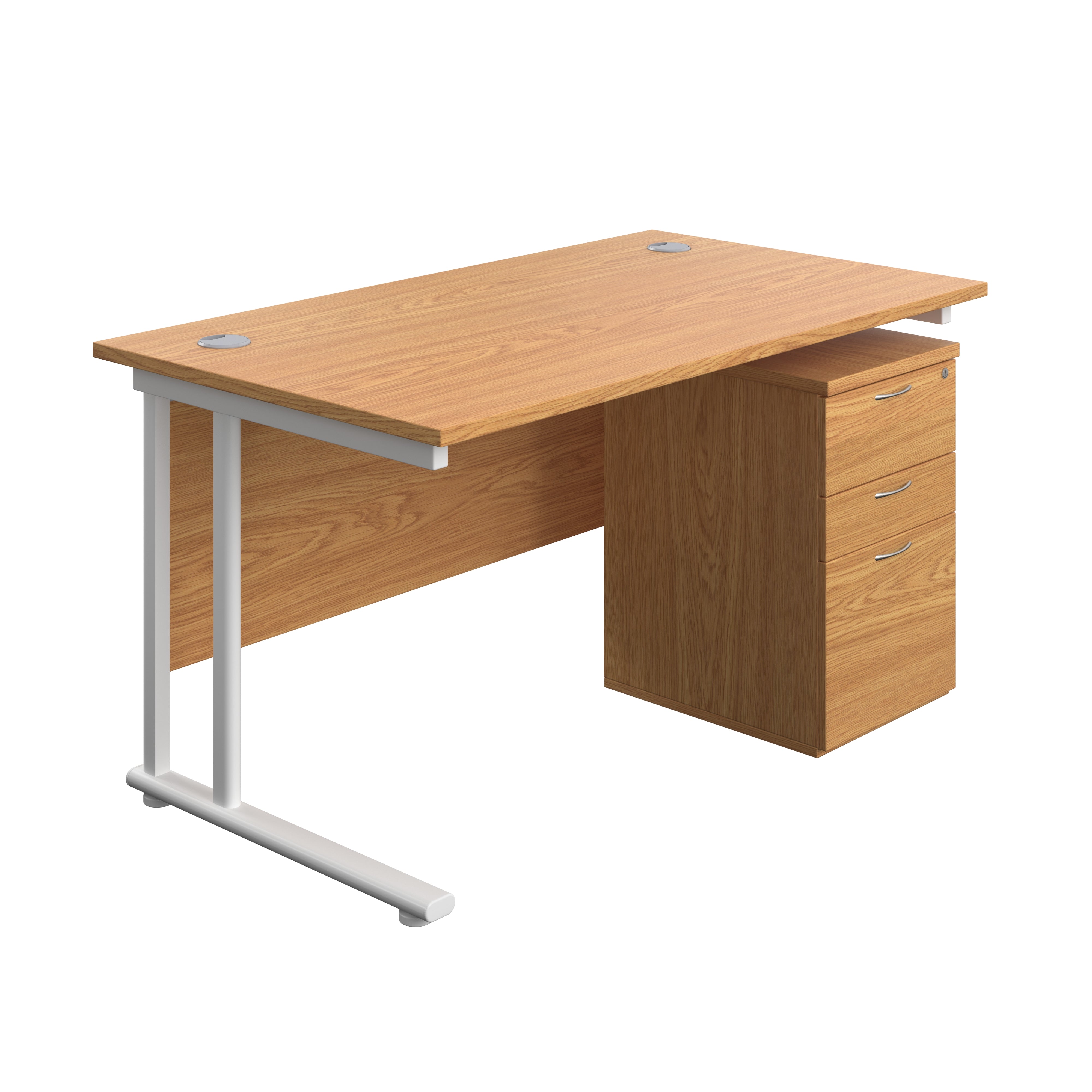 Twin Upright Rectangular Desk + High Mobile Pedestal 3 Drawer (FSC) | 1400X800 | Nova Oak/White