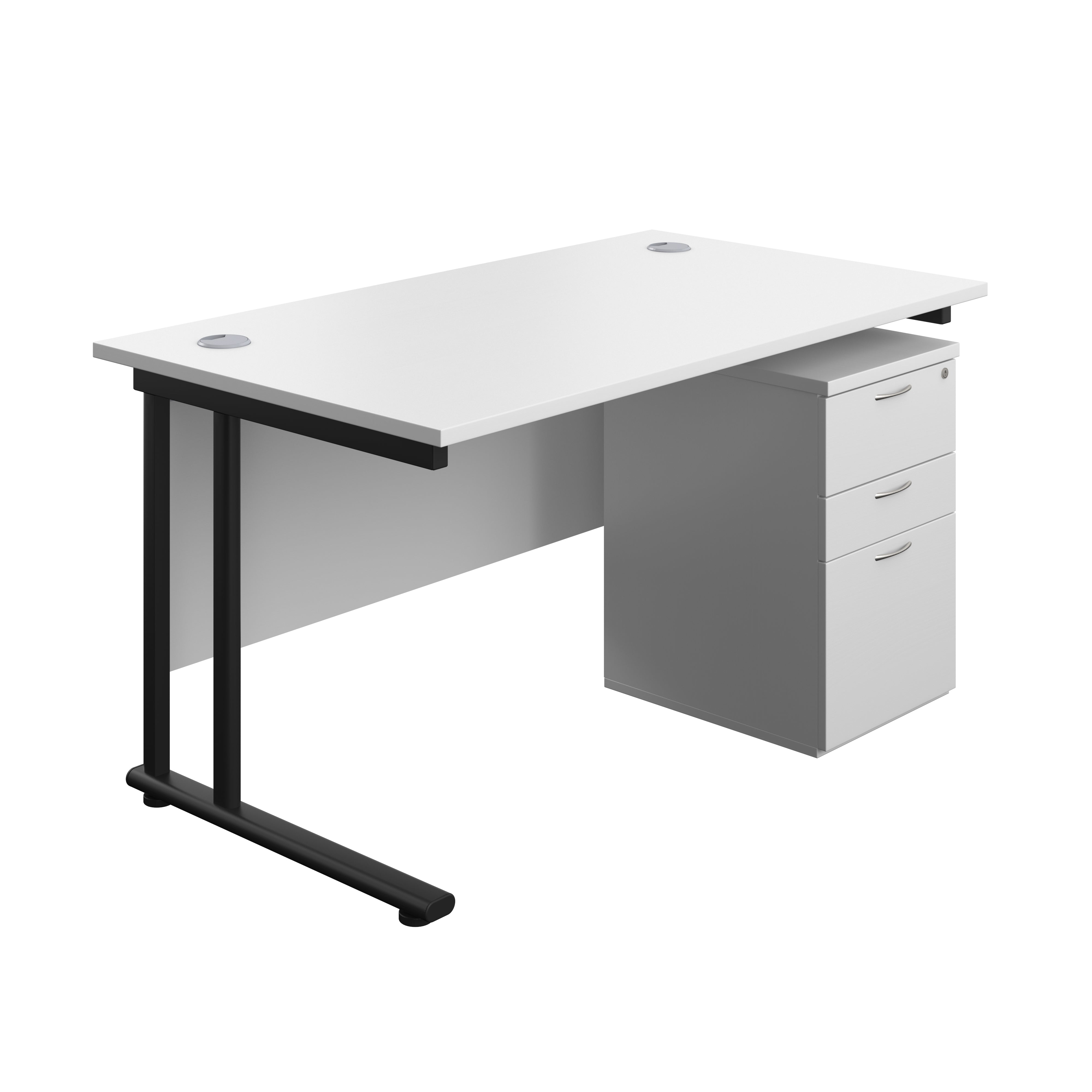 Twin Upright Rectangular Desk + High Mobile Pedestal 3 Drawer (FSC) | 1400X800 | White/Black