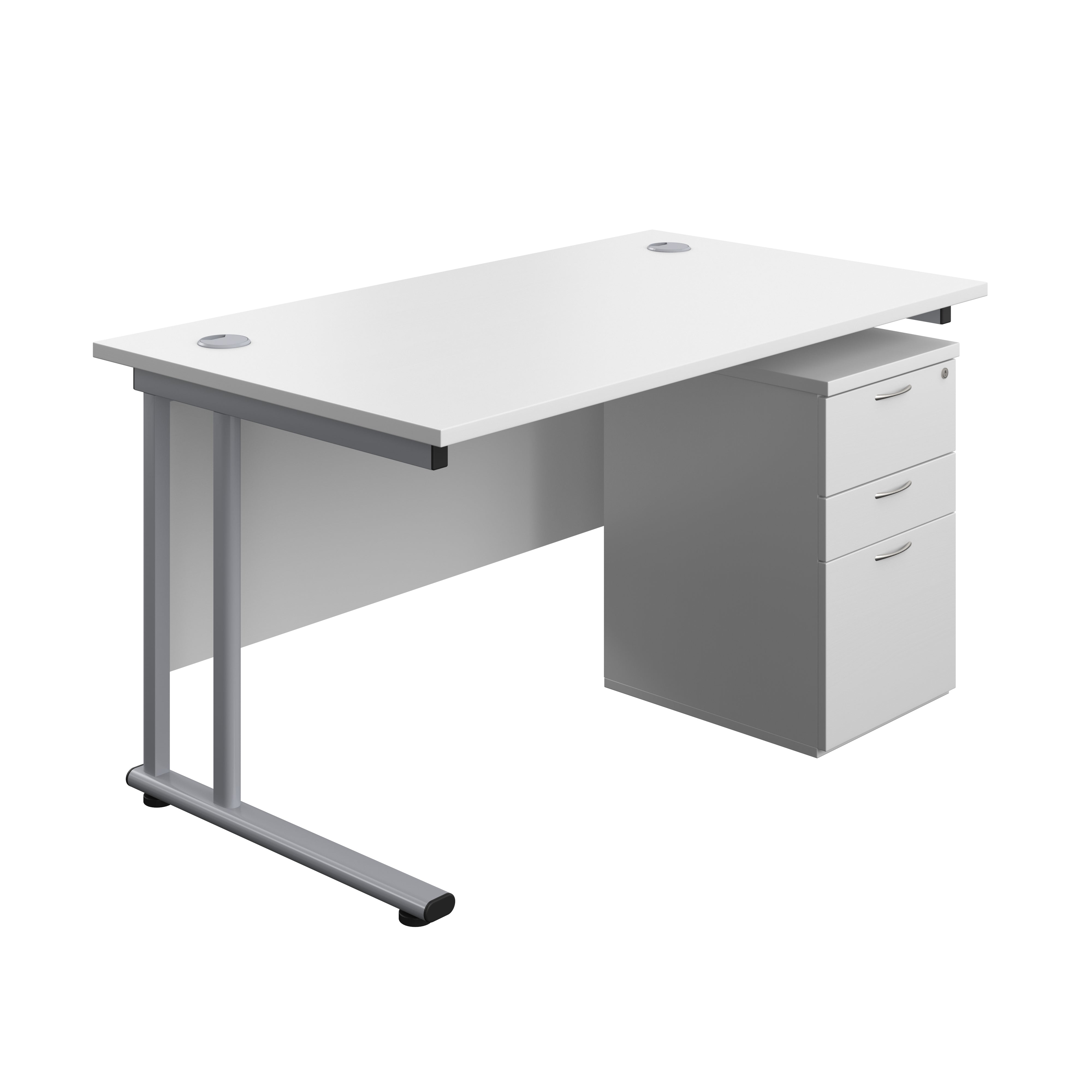 Twin Upright Rectangular Desk + High Mobile Pedestal 3 Drawer (FSC) | 1400X800 | White/Silver