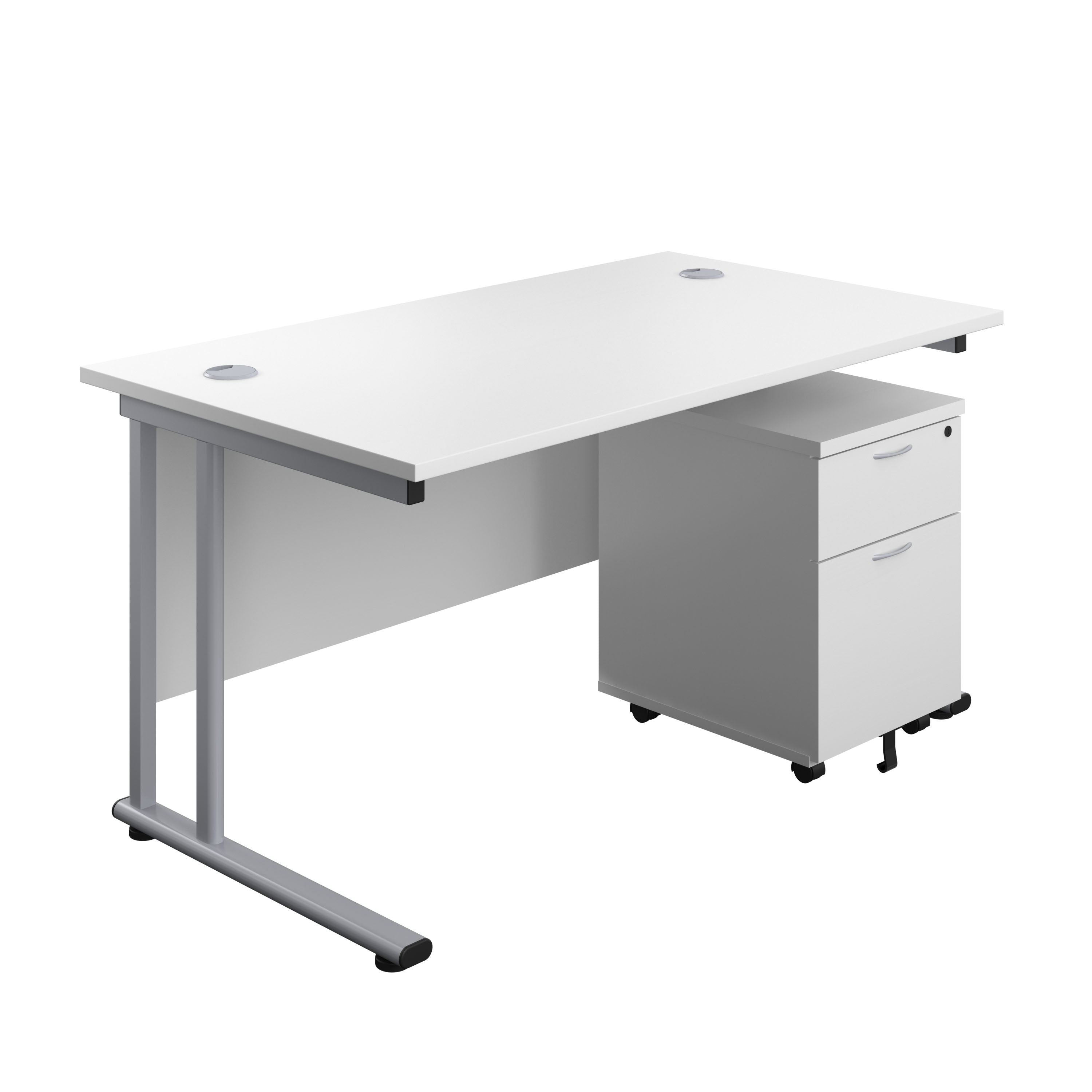Twin Upright Rectangular Desk + Mobile 2 Drawer Pedestal (FSC) | 1400X800 | White/Silver