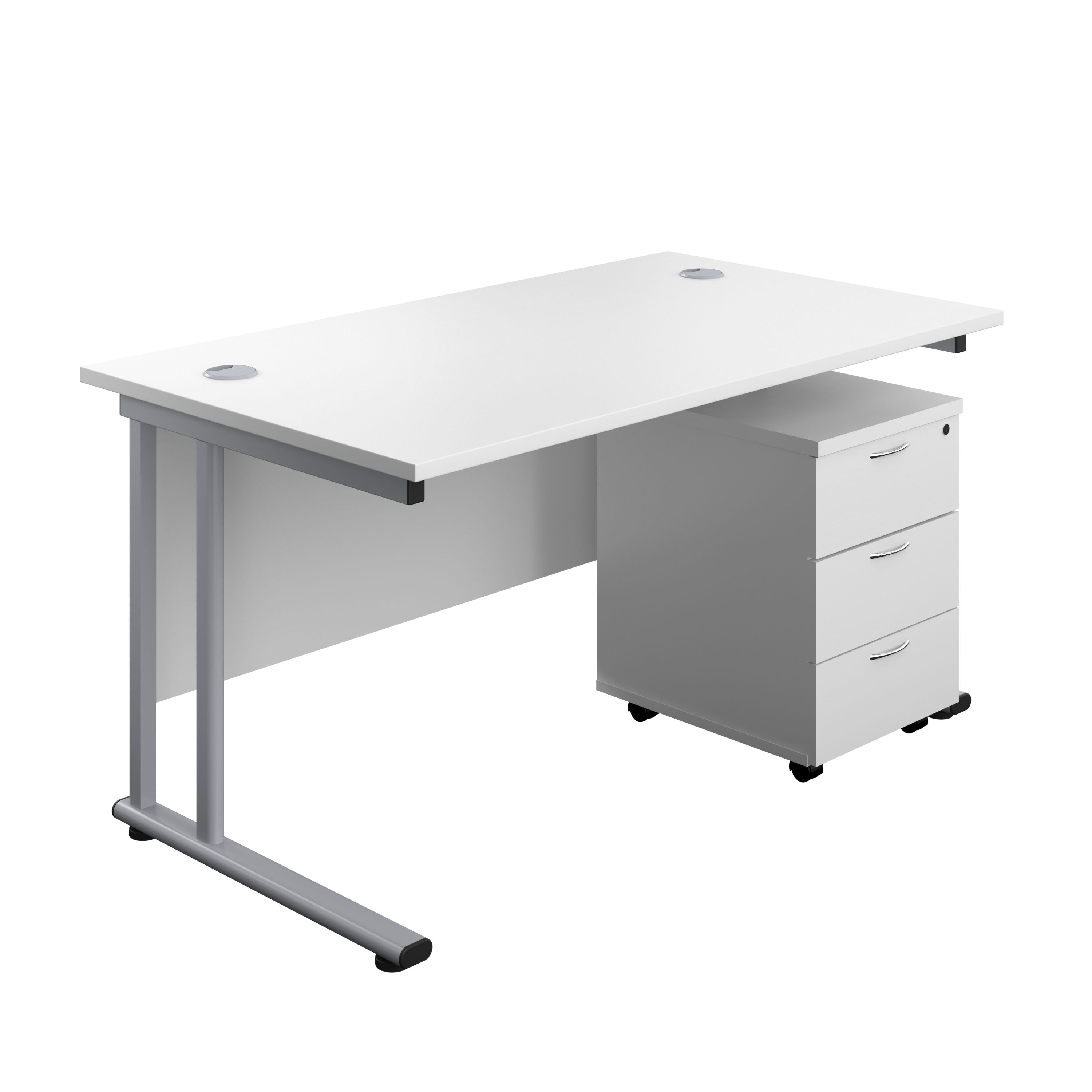 Twin Upright Rectangular Desk + Mobile 3 Drawer Pedestal (FSC) | 1400X800 | White/Silver