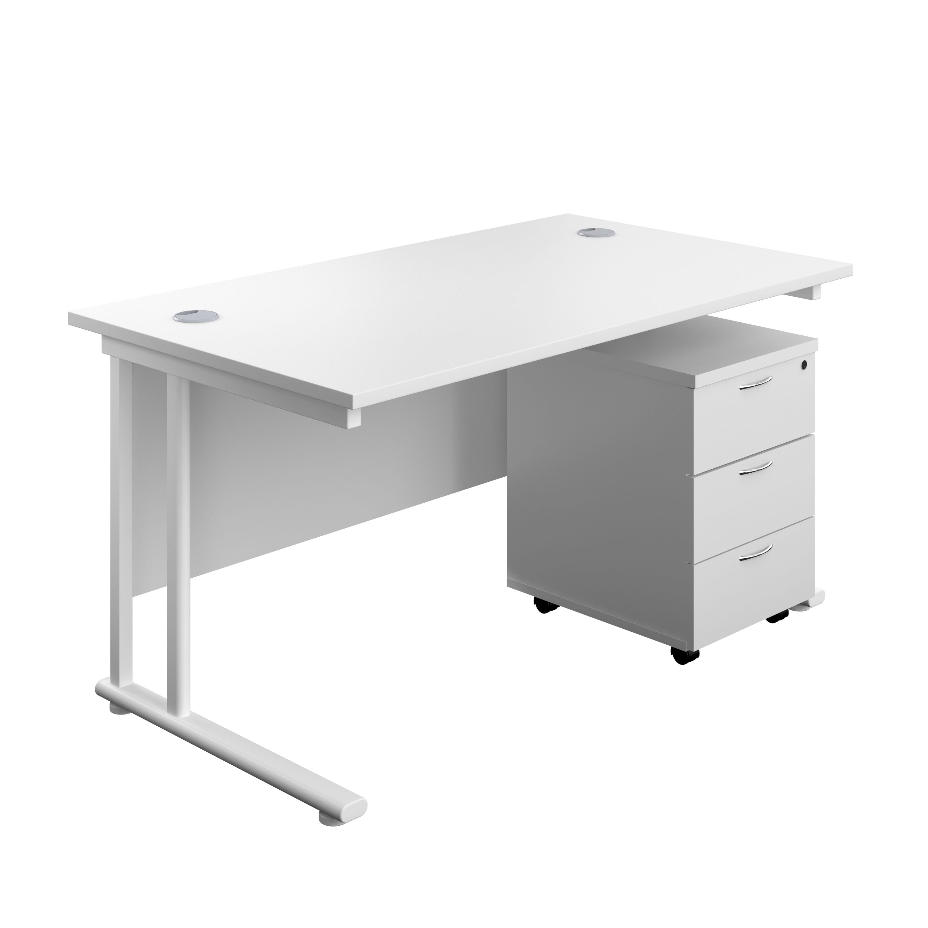 Twin Upright Rectangular Desk + Mobile 3 Drawer Pedestal (FSC) | 1400X800 | White/White