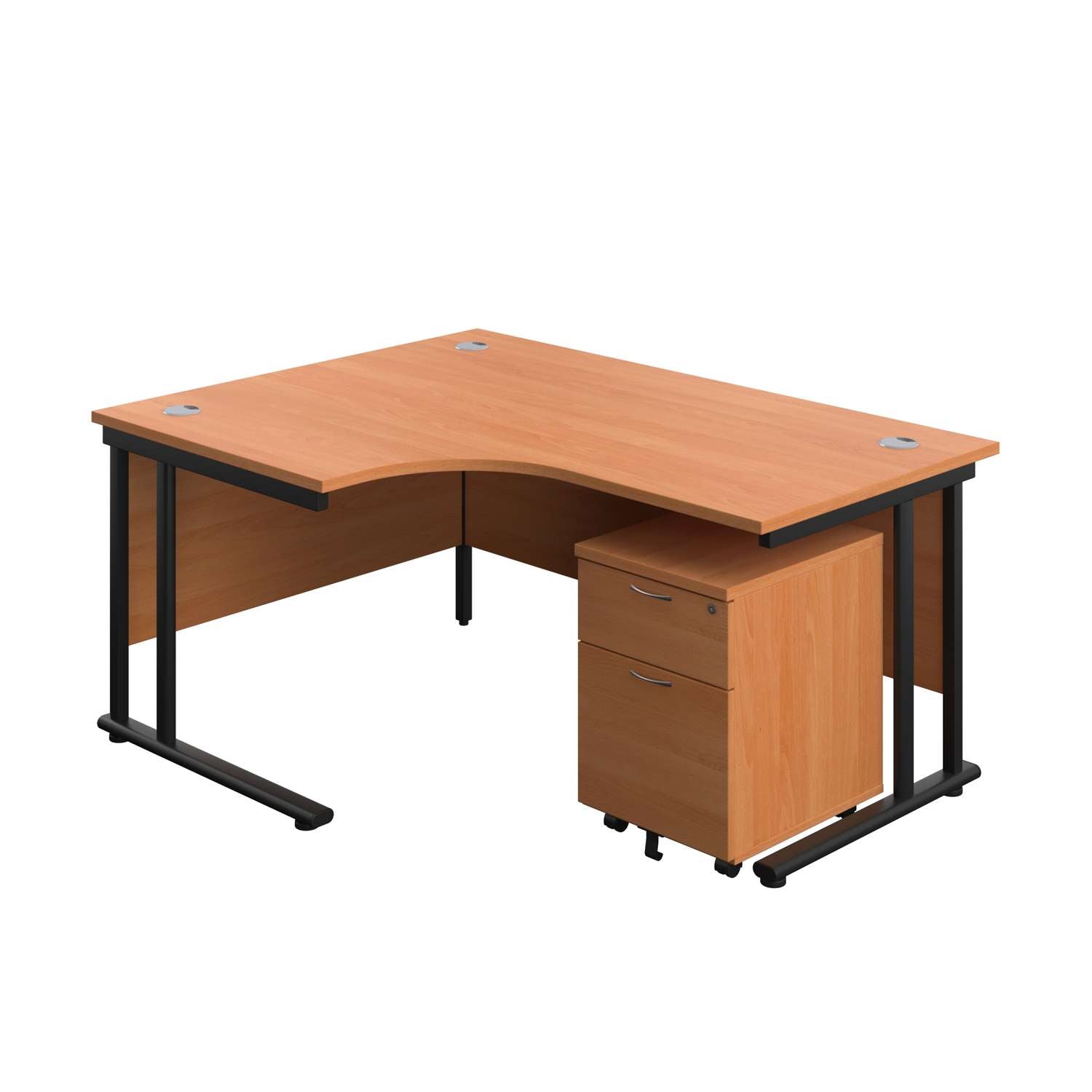 Twin Upright Left Hand Radial Desk + Mobile 2 Drawer Pedestal (FSC) | 1600X1200 | Beech/Black