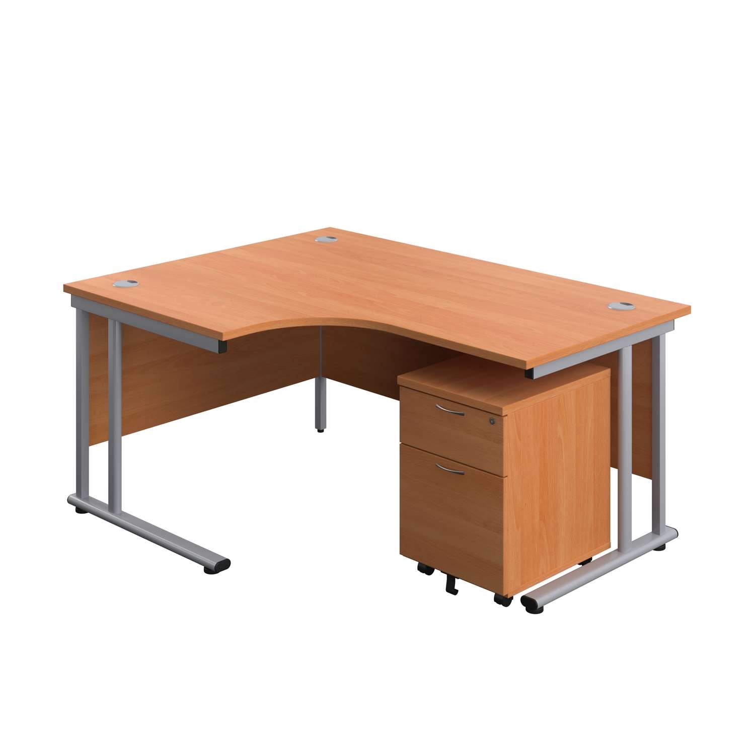 Twin Upright Left Hand Radial Desk + Mobile 2 Drawer Pedestal (FSC) | 1600X1200 | Beech/Silver