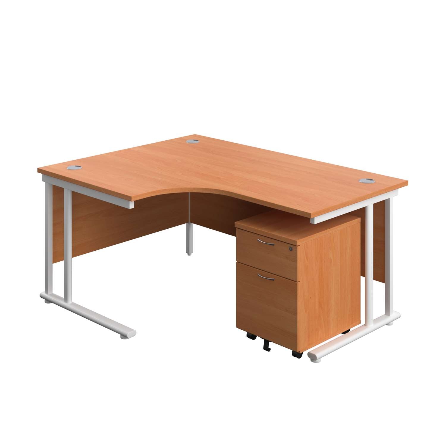 Twin Upright Left Hand Radial Desk + Mobile 2 Drawer Pedestal (FSC) | 1600X1200 | Beech/White