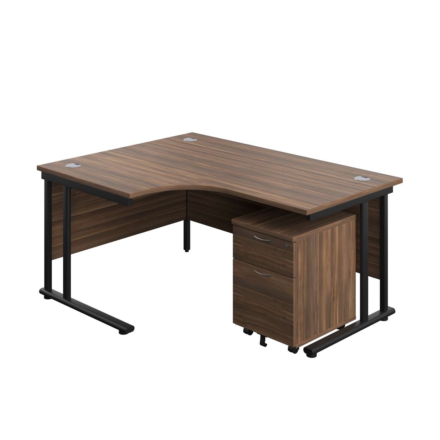 Twin Upright Left Hand Radial Desk + Mobile 2 Drawer Pedestal (FSC) | 1600X1200 | Dark Walnut/Black
