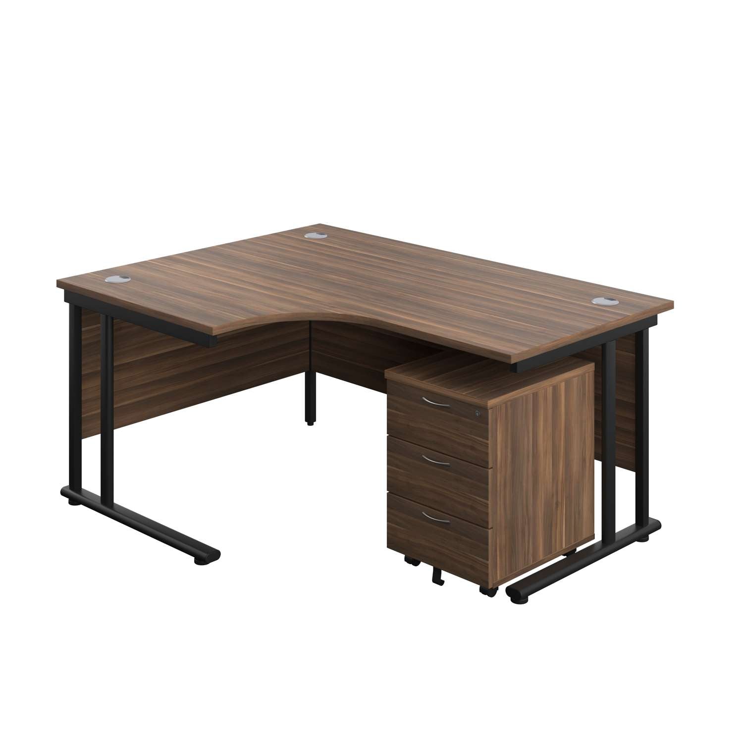 Twin Upright Left Hand Radial Desk + Mobile 3 Drawer Pedestal (FSC) | 1600X1200 | Dark Walnut/Black