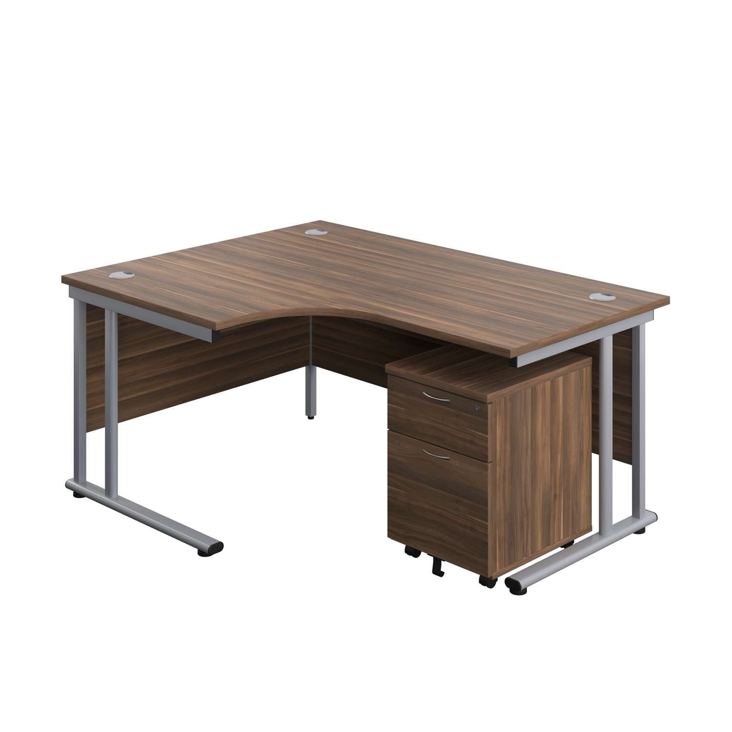 Twin Upright Left Hand Radial Desk + Mobile 2 Drawer Pedestal (FSC) | 1600X1200 | Dark Walnut/Silver