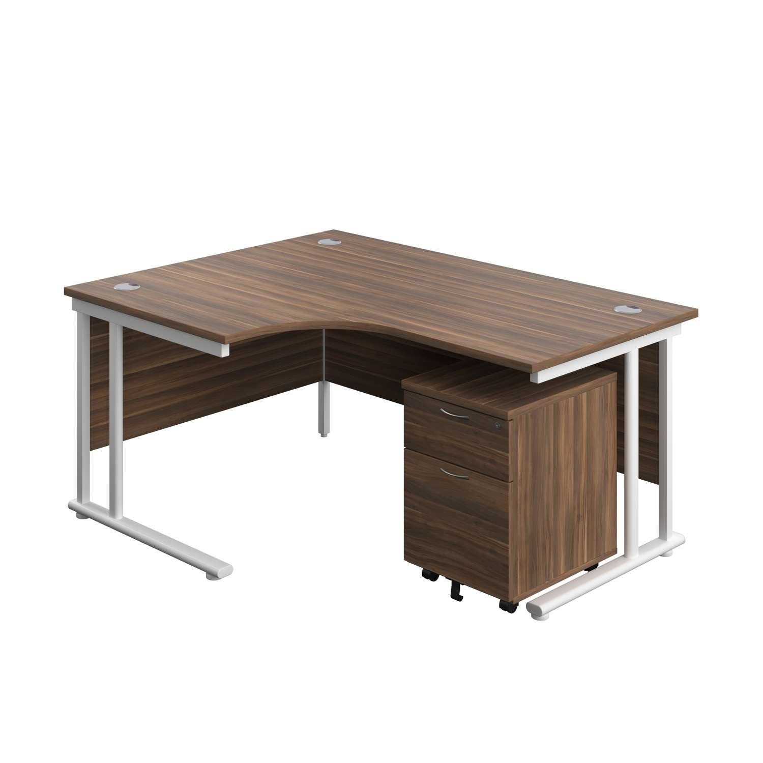 Twin Upright Left Hand Radial Desk + Mobile 2 Drawer Pedestal (FSC) | 1600X1200 | Dark Walnut/White