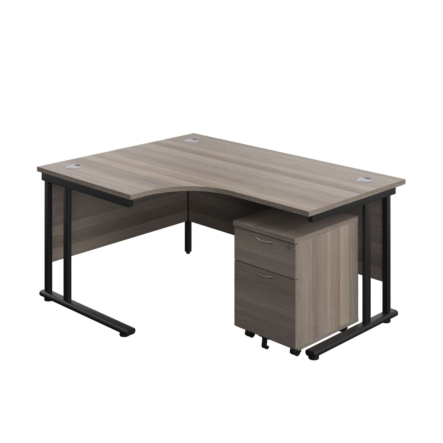 Twin Upright Left Hand Radial Desk + Mobile 2 Drawer Pedestal (FSC) | 1600X1200 | Grey Oak/Black