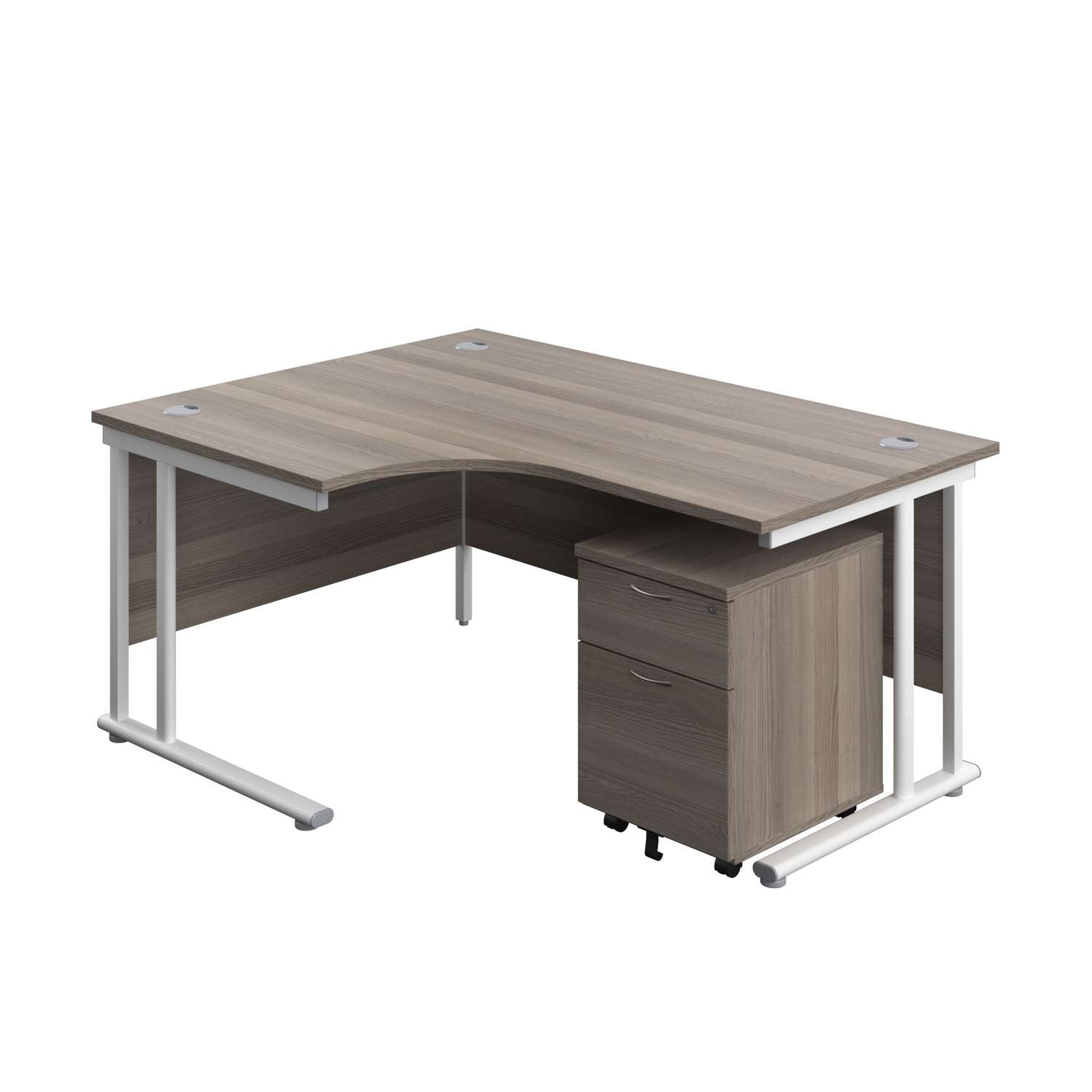 Twin Upright Left Hand Radial Desk + Mobile 2 Drawer Pedestal (FSC) | 1600X1200 | Grey Oak/White
