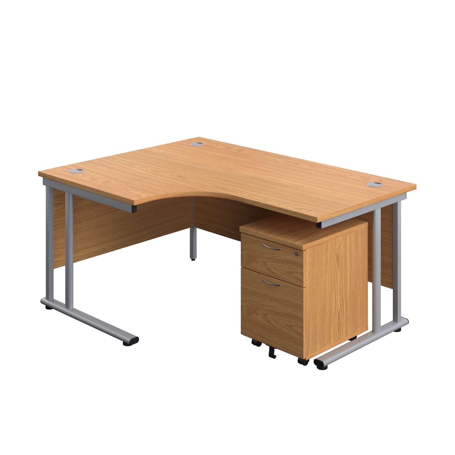 Twin Upright Left Hand Radial Desk + Mobile 2 Drawer Pedestal (FSC) | 1600X1200 | Nova Oak/Silver