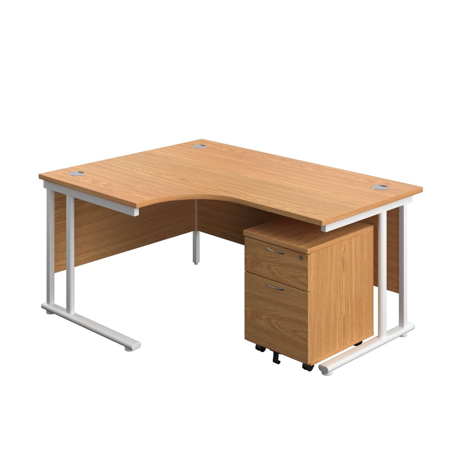 Twin Upright Left Hand Radial Desk + Mobile 2 Drawer Pedestal (FSC) | 1600X1200 | Nova Oak/White