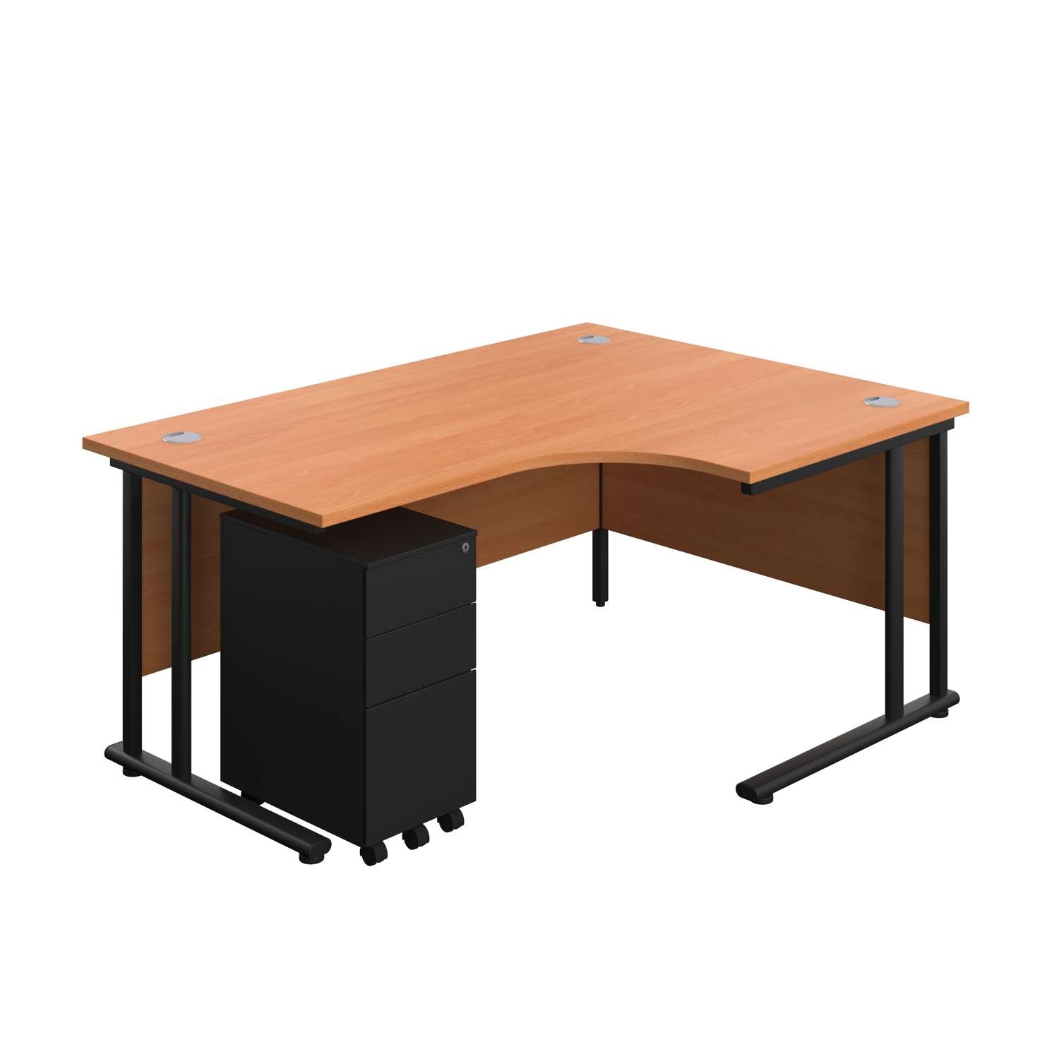 Twin Upright Left Hand Radial Desk + Under Desk Steel Pedestal 3 Drawers (FSC) | 1600X1200 | Beech/Black