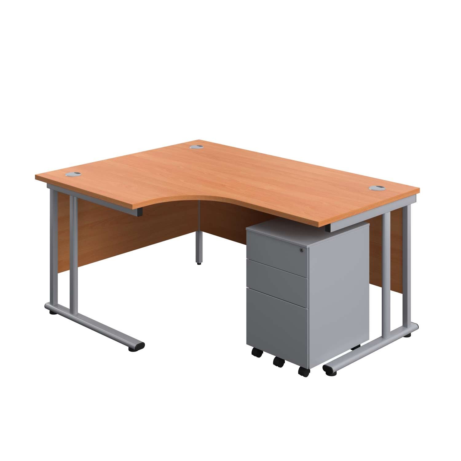 Twin Upright Left Hand Radial Desk + Under Desk Steel Pedestal 3 Drawers (FSC) | 1600X1200 | Beech/Silver