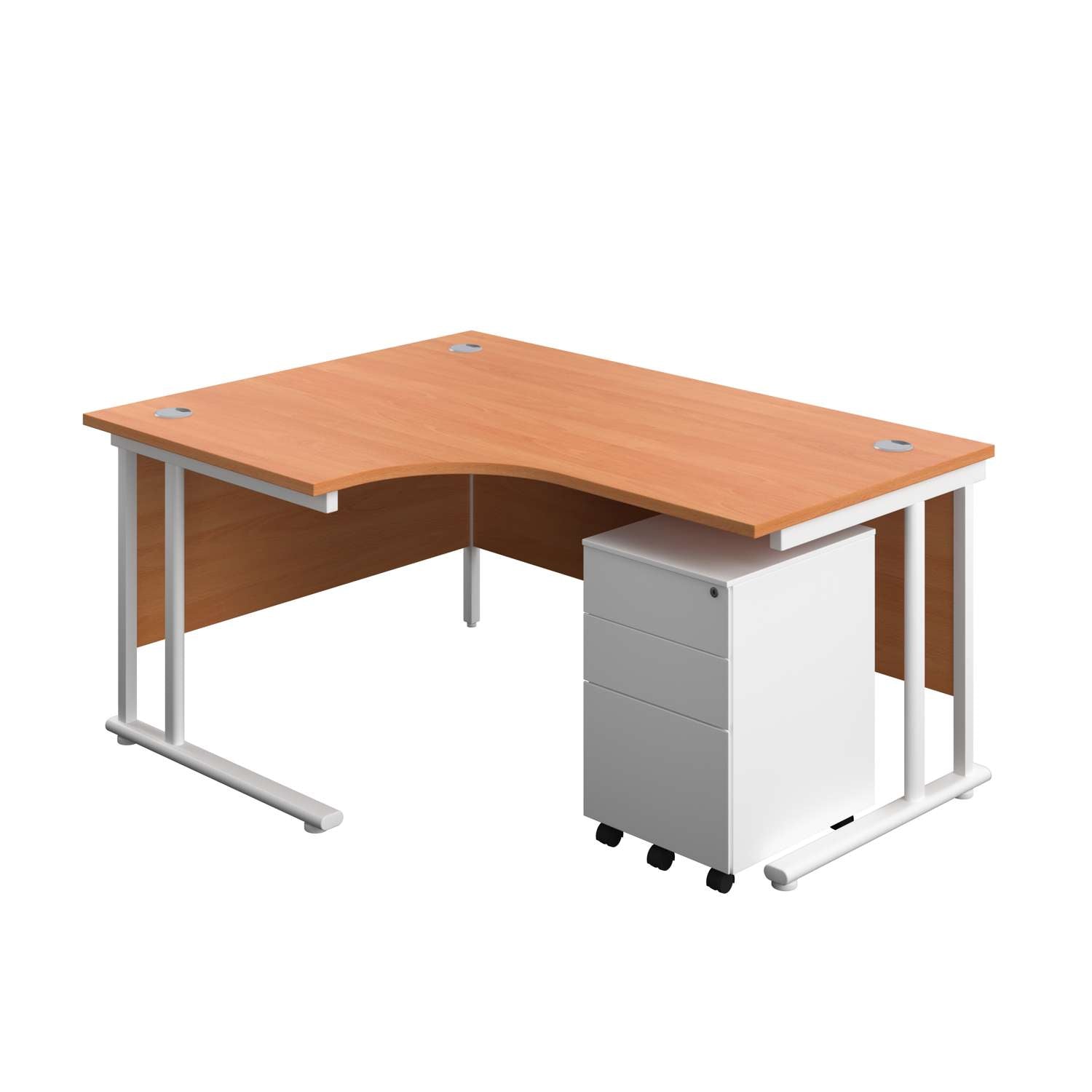 Twin Upright Left Hand Radial Desk + Under Desk Steel Pedestal 3 Drawers (FSC) | 1600X1200 | Beech/White