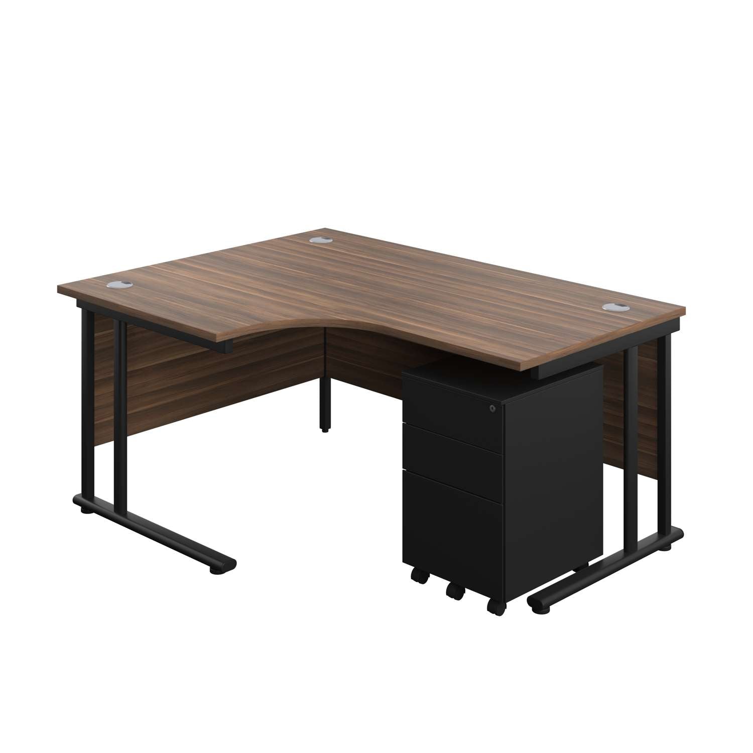 Twin Upright Left Hand Radial Desk + Under Desk Steel Pedestal 3 Drawers (FSC) | 1600X1200 | Dark Walnut/Black