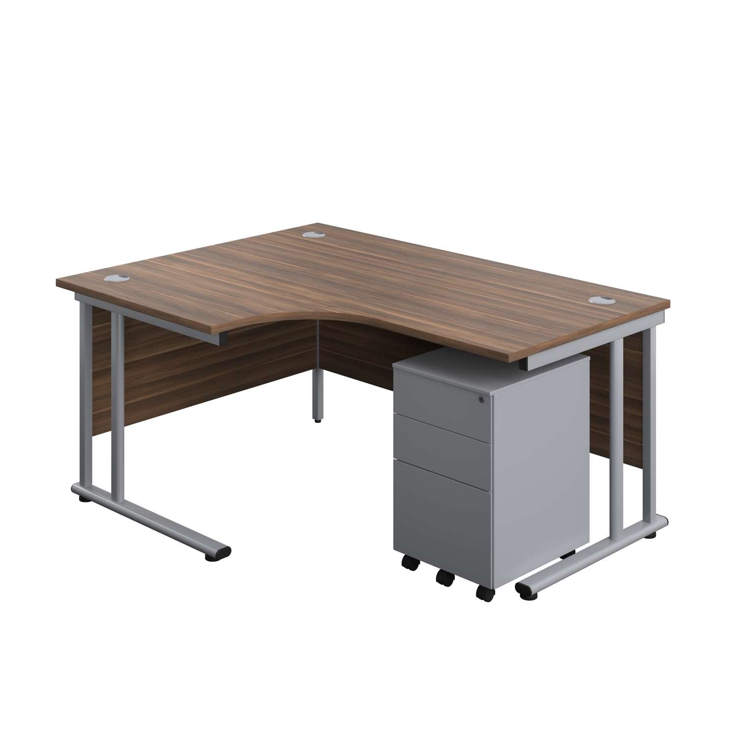 Twin Upright Left Hand Radial Desk + Under Desk Steel Pedestal 3 Drawers (FSC) | 1600X1200 | Dark Walnut/Silver
