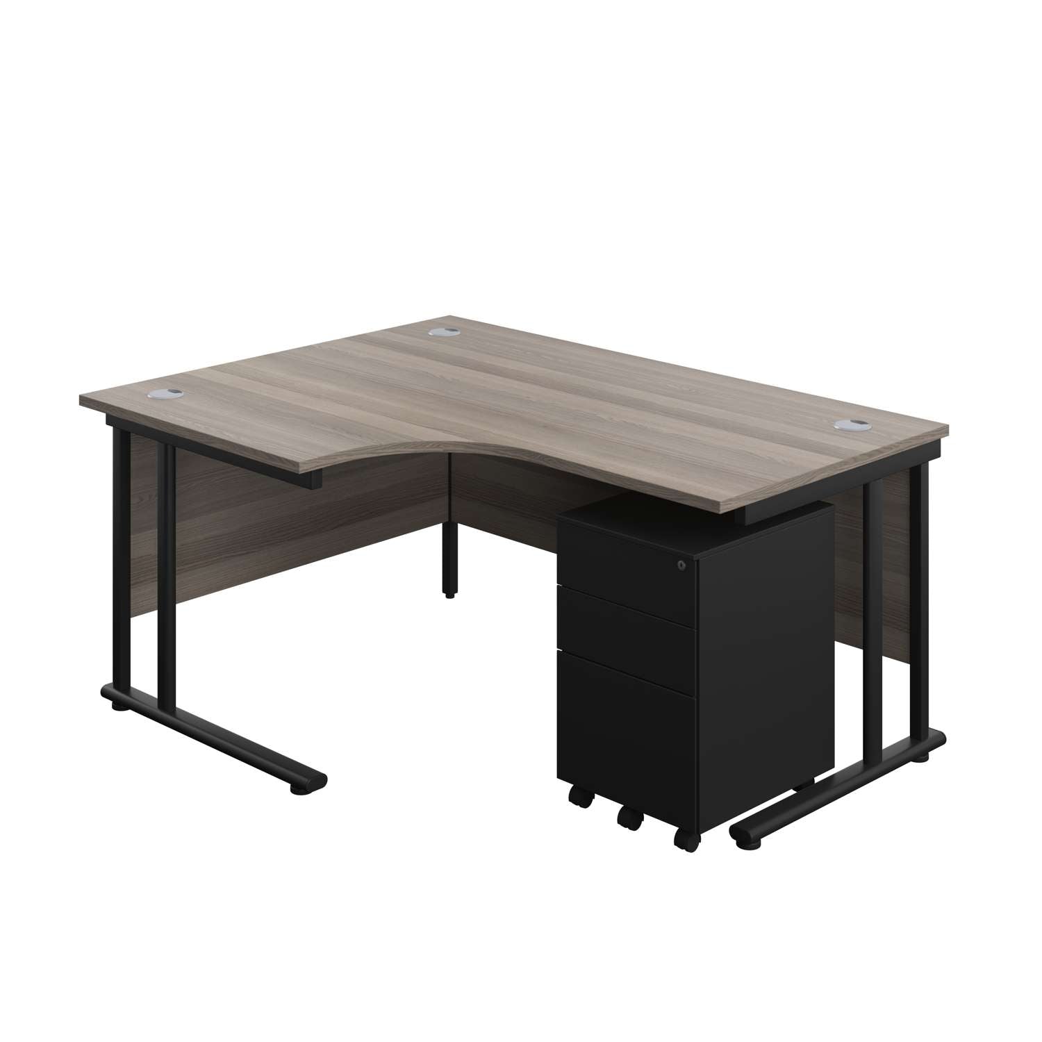 Twin Upright Left Hand Radial Desk + Under Desk Steel Pedestal 3 Drawers (FSC) | 1600X1200 | Grey Oak/Black