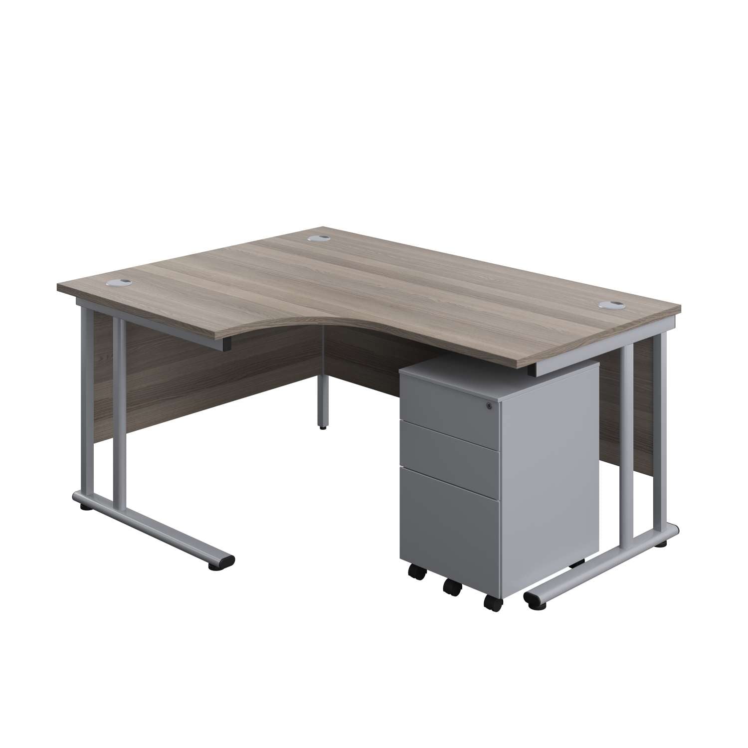 Twin Upright Left Hand Radial Desk + Under Desk Steel Pedestal 3 Drawers (FSC) | 1600X1200 | Grey Oak/Silver