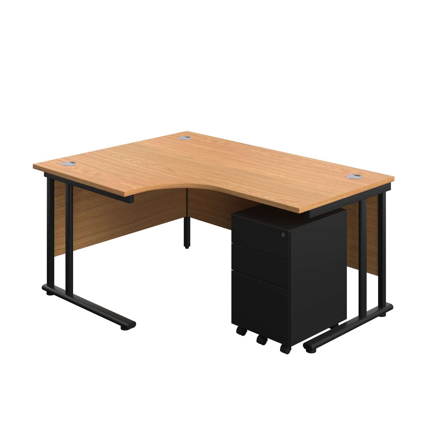 Twin Upright Left Hand Radial Desk + Under Desk Steel Pedestal 3 Drawers (FSC) | 1600X1200 | Nova Oak/Black