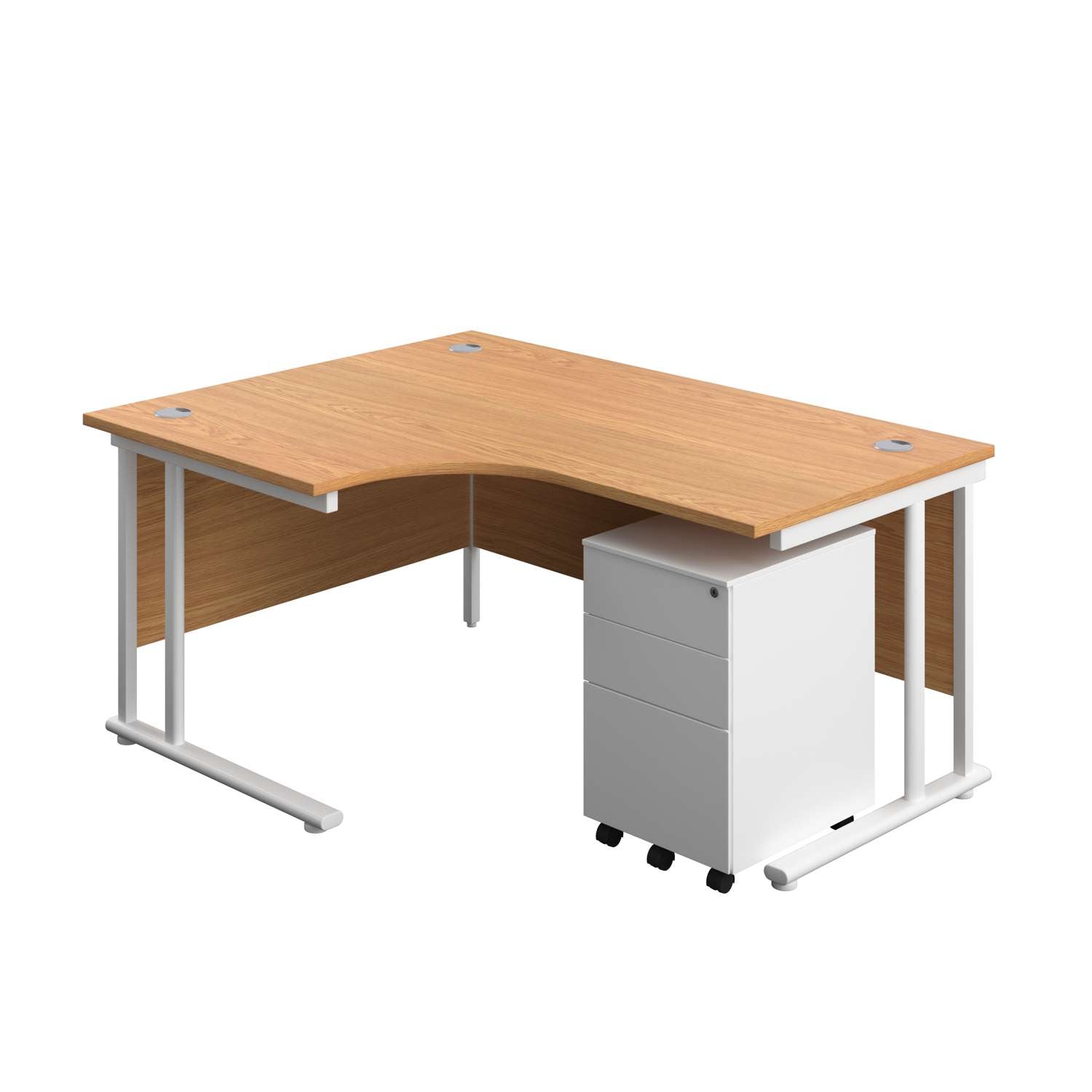 Twin Upright Left Hand Radial Desk + Under Desk Steel Pedestal 3 Drawers (FSC) | 1600X1200 | Nova Oak/White