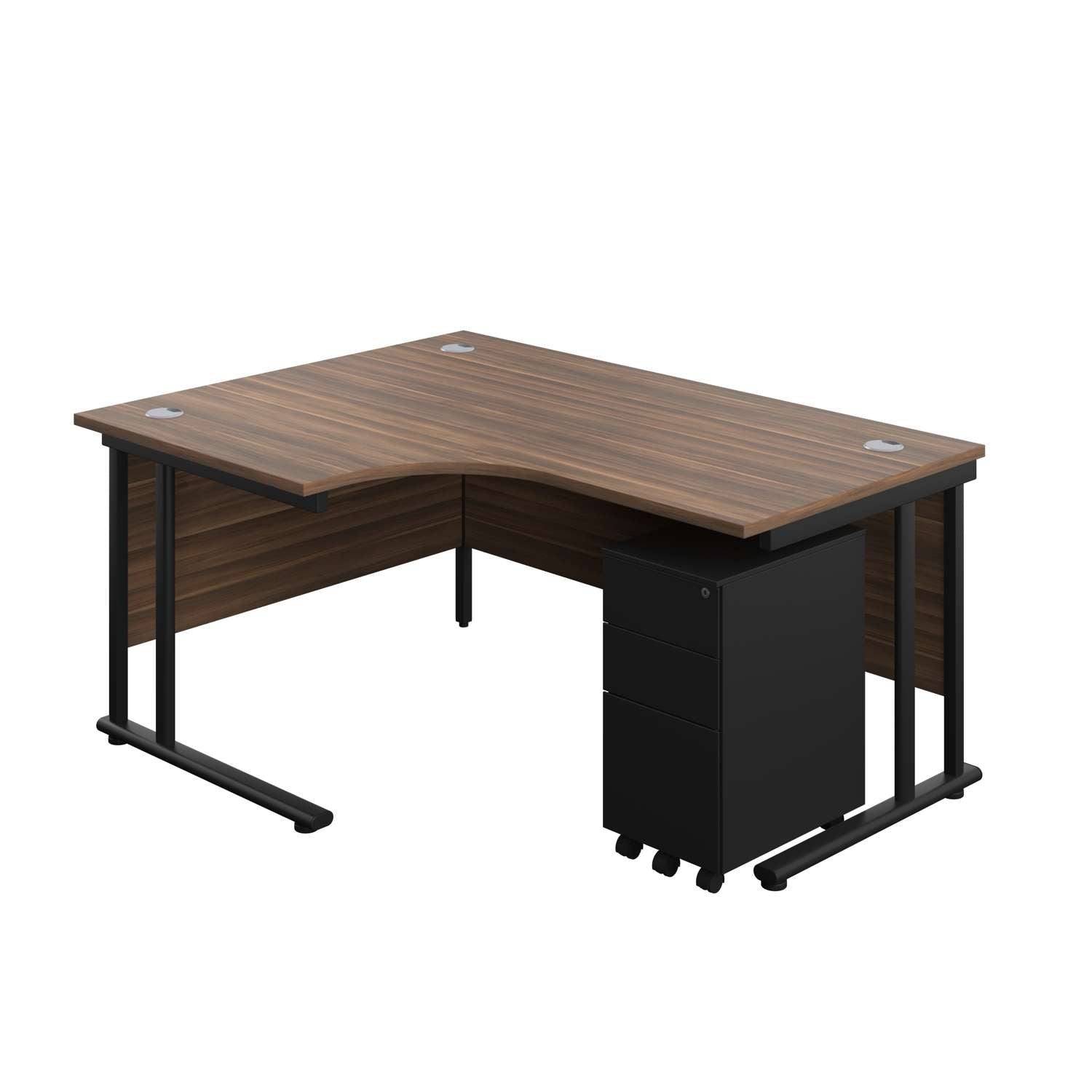 Twin Upright Left Hand Radial Desk + Slimline Steel Pedestal 3 Drawers (FSC) | 1600X1200 | Dark Walnut/Black