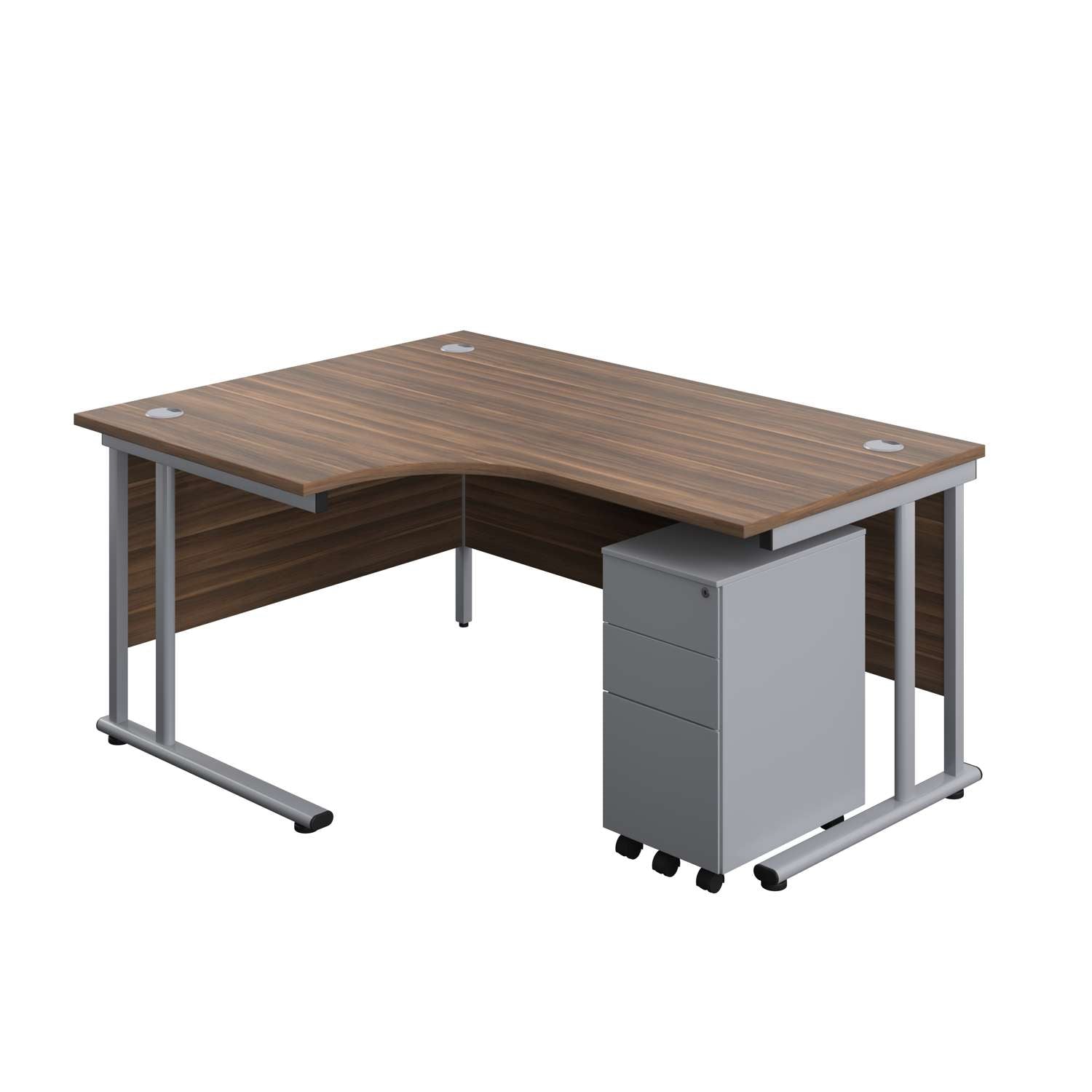 Twin Upright Left Hand Radial Desk + Slimline Steel Pedestal 3 Drawers (FSC) | 1600X1200 | Dark Walnut/Silver