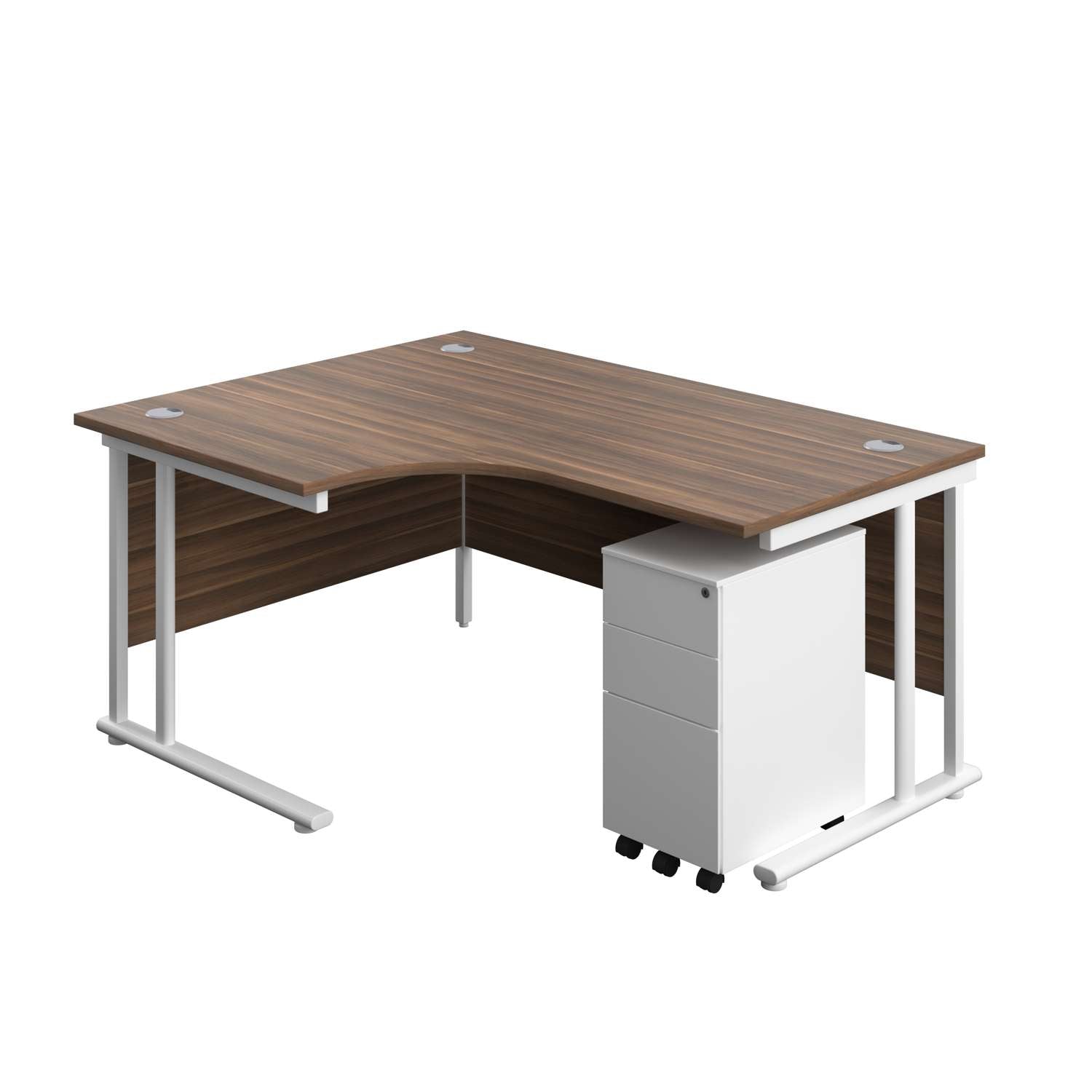 Twin Upright Left Hand Radial Desk + Slimline Steel Pedestal 3 Drawers (FSC) | 1600X1200 | Dark Walnut/White