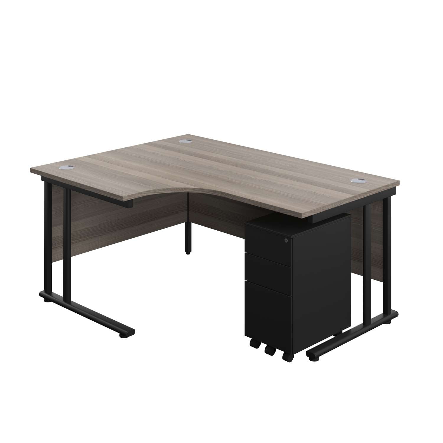 Twin Upright Left Hand Radial Desk + Slimline Steel Pedestal 3 Drawers (FSC) | 1600X1200 | Grey Oak/Black