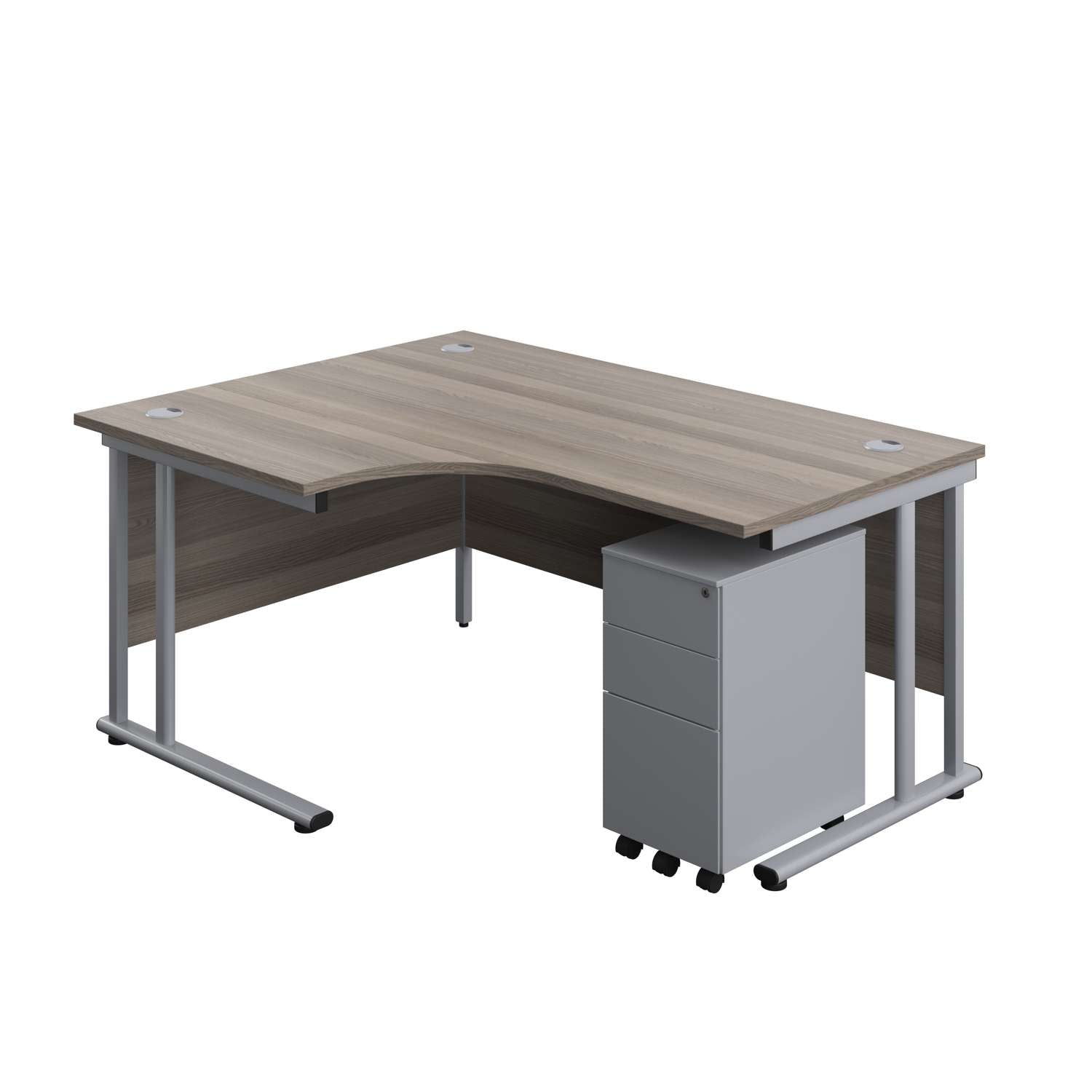 Twin Upright Left Hand Radial Desk + Slimline Steel Pedestal 3 Drawers (FSC) | 1600X1200 | Grey Oak/Silver