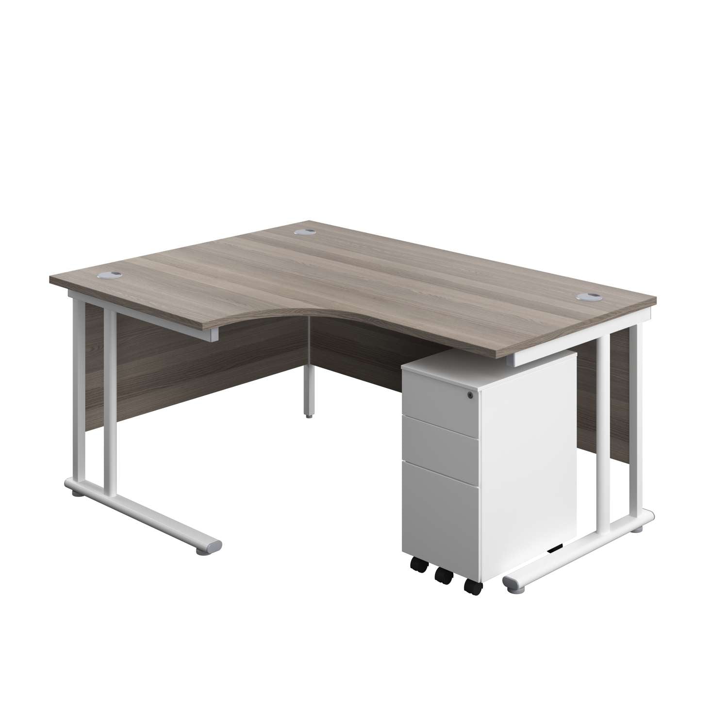 Twin Upright Left Hand Radial Desk + Slimline Steel Pedestal 3 Drawers (FSC) | 1600X1200 | Grey Oak/White