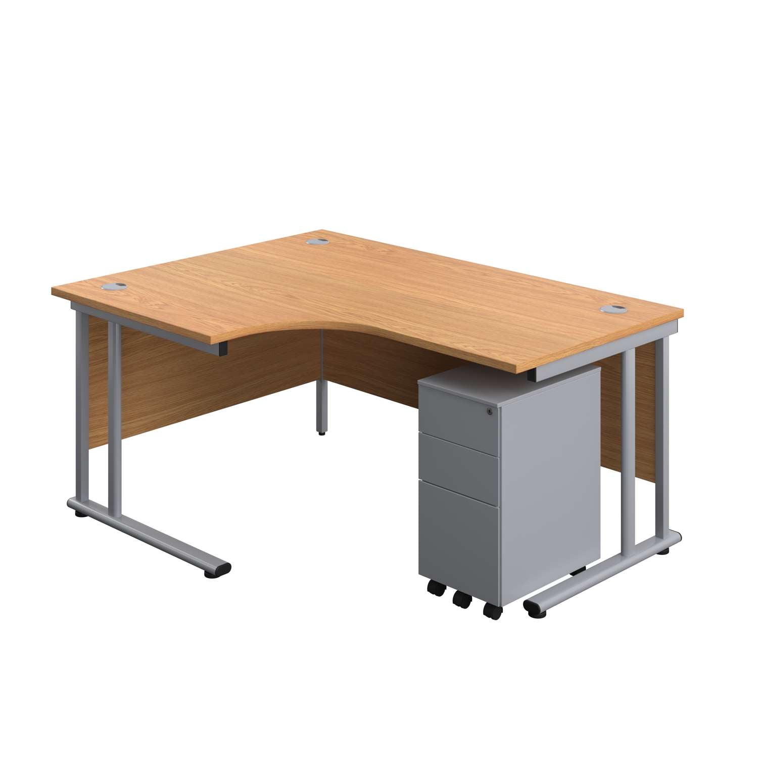 Twin Upright Left Hand Radial Desk + Slimline Steel Pedestal 3 Drawers (FSC) | 1600X1200 | Nova Oak/Silver