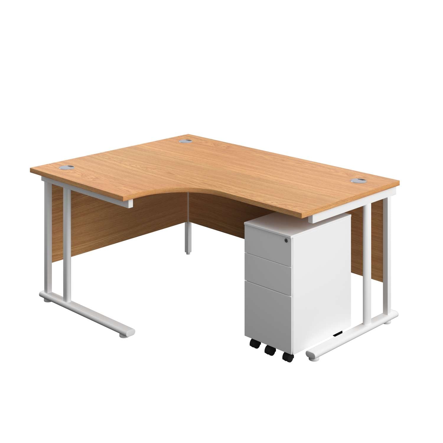 Twin Upright Left Hand Radial Desk + Slimline Steel Pedestal 3 Drawers (FSC) | 1600X1200 | Nova Oak/White