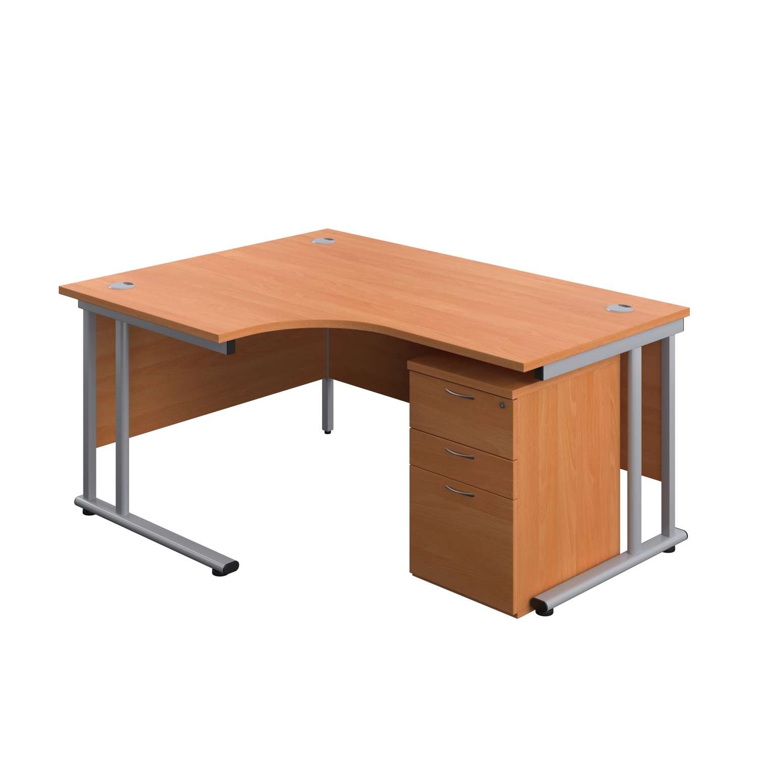 Twin Upright Left Hand Radial Desk + High Mobile Pedestal 3 Drawer (FSC) | 1600X1200 | Beech/Silver